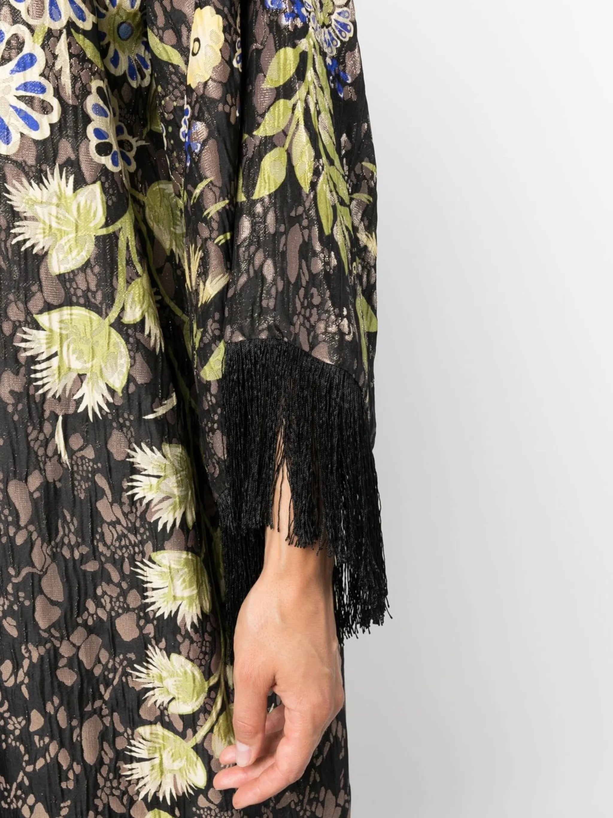 floral-pattern fringed poncho
