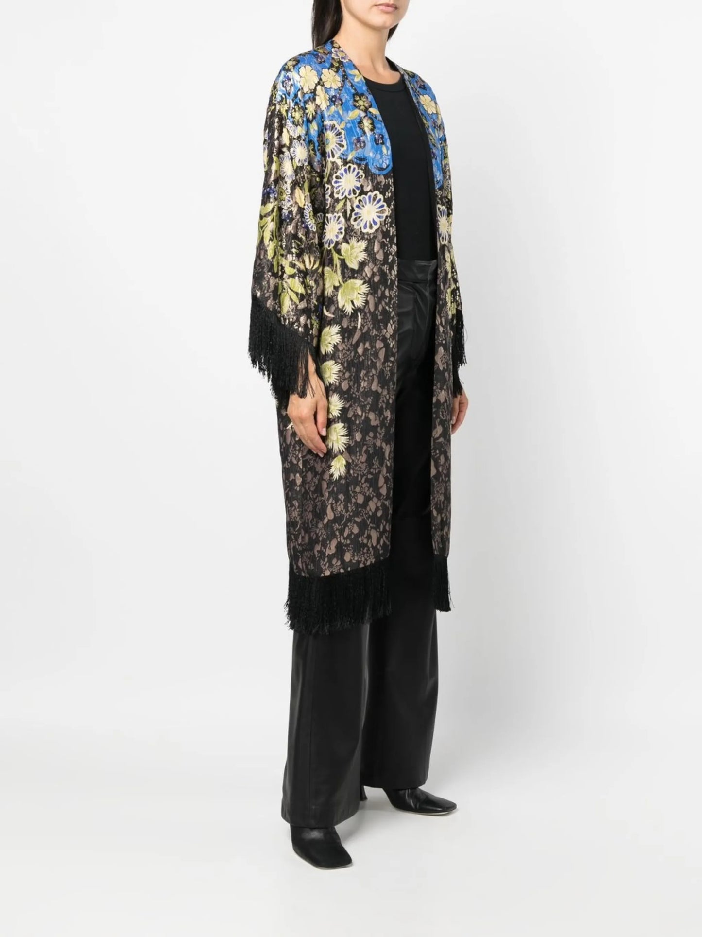 floral-pattern fringed poncho