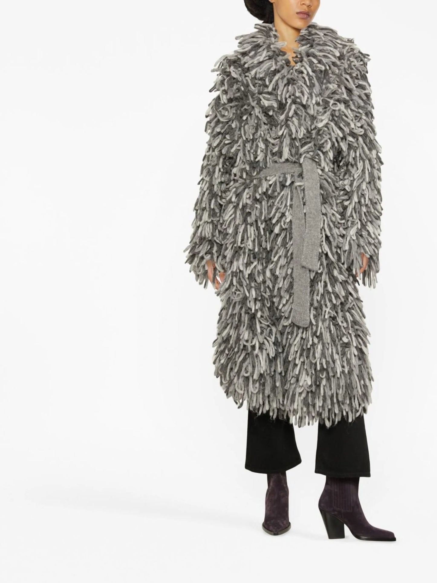 textured-finish belted-waist coat