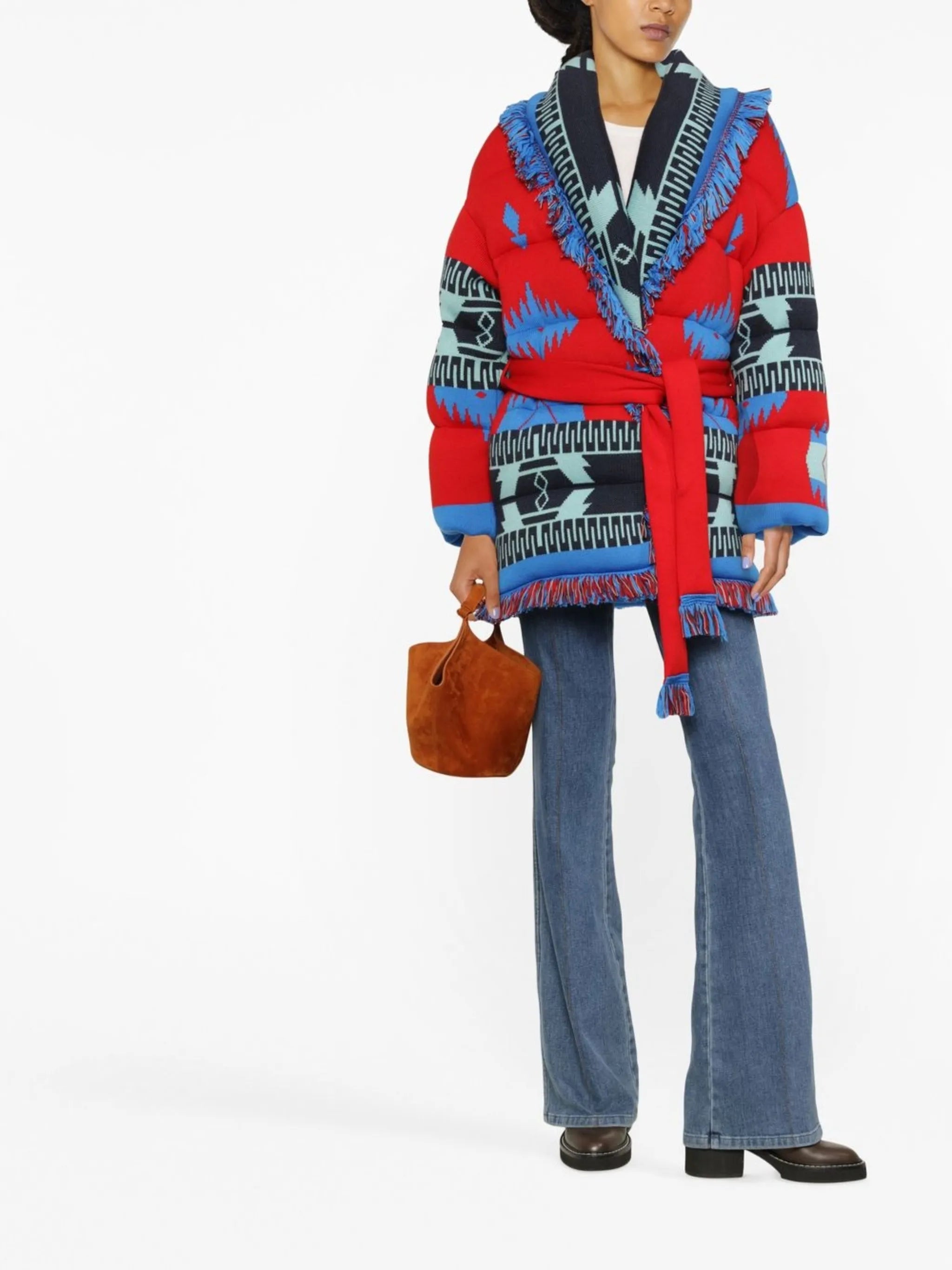 fringed-edge belted-waist cardigan