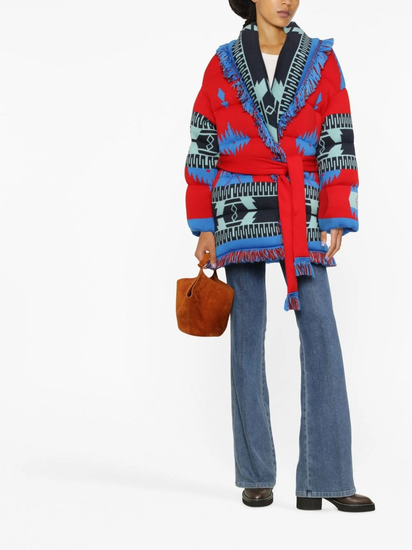 fringed-edge belted-waist cardigan