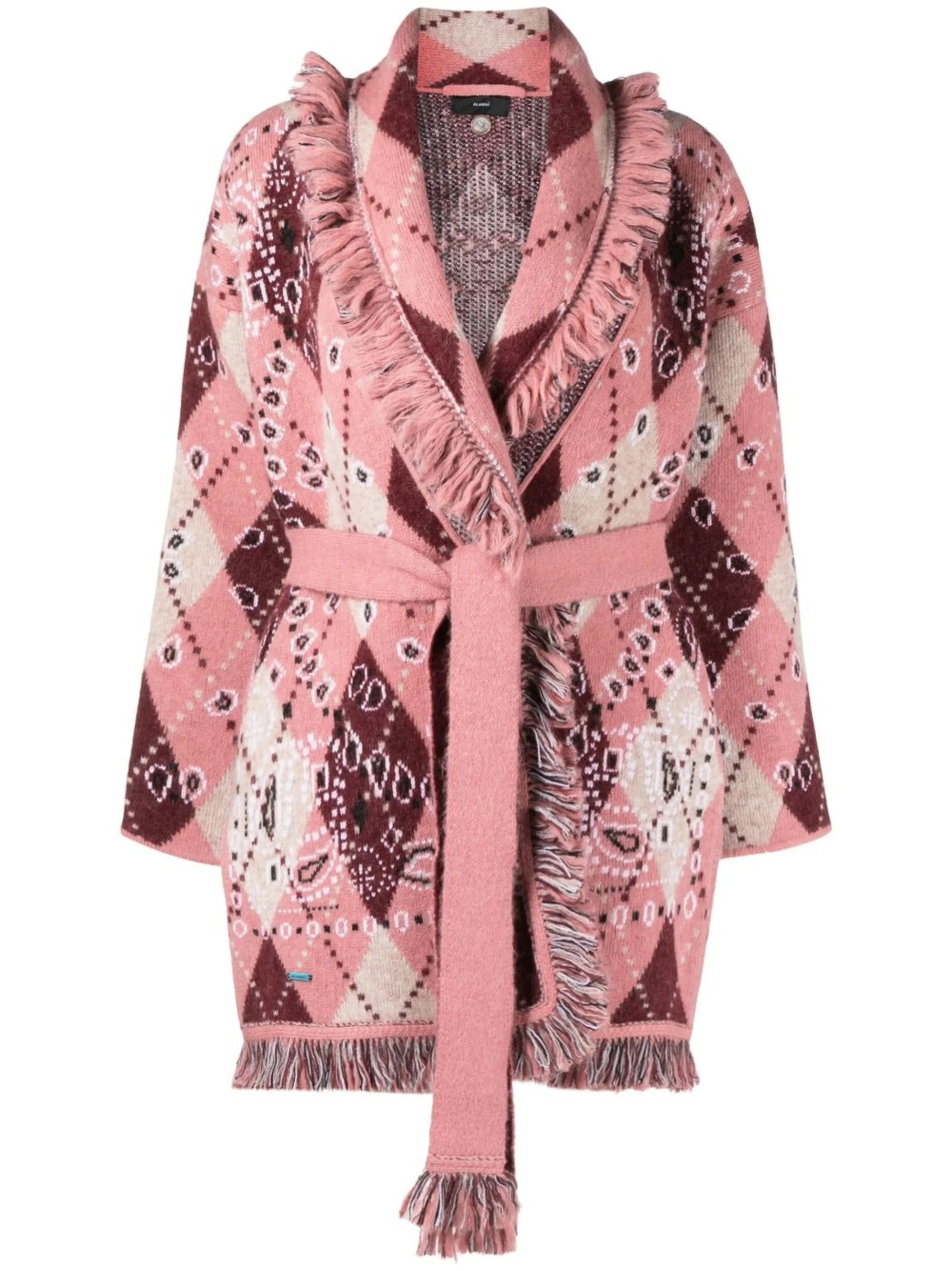 argyle-print tie-waist cardigan