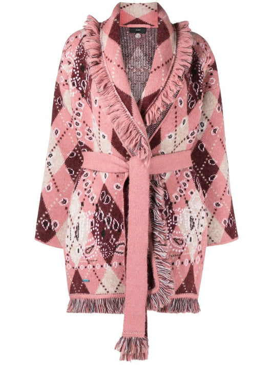 argyle-print tie-waist cardigan