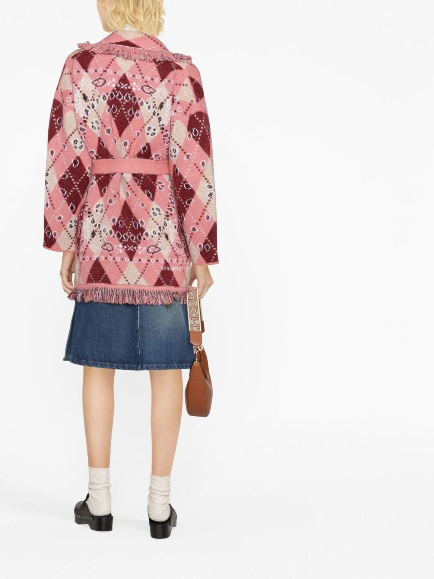 argyle-print tie-waist cardigan