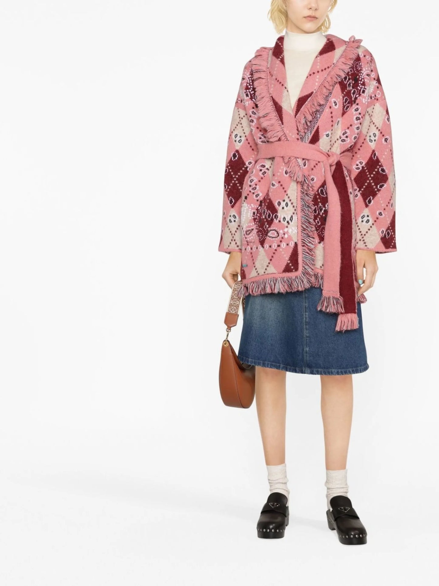 argyle-print tie-waist cardigan