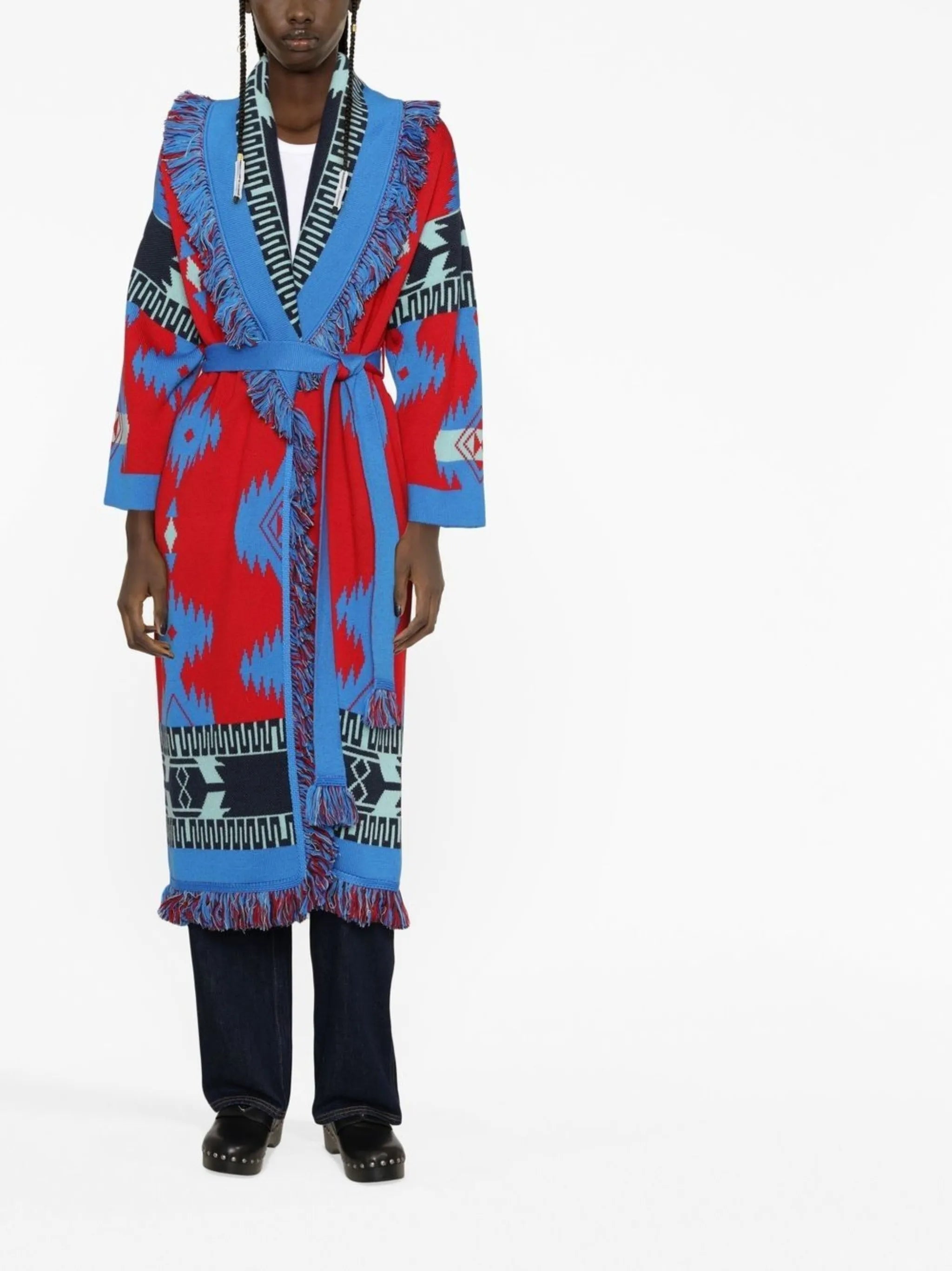 intarsia-knit belted-waist coat