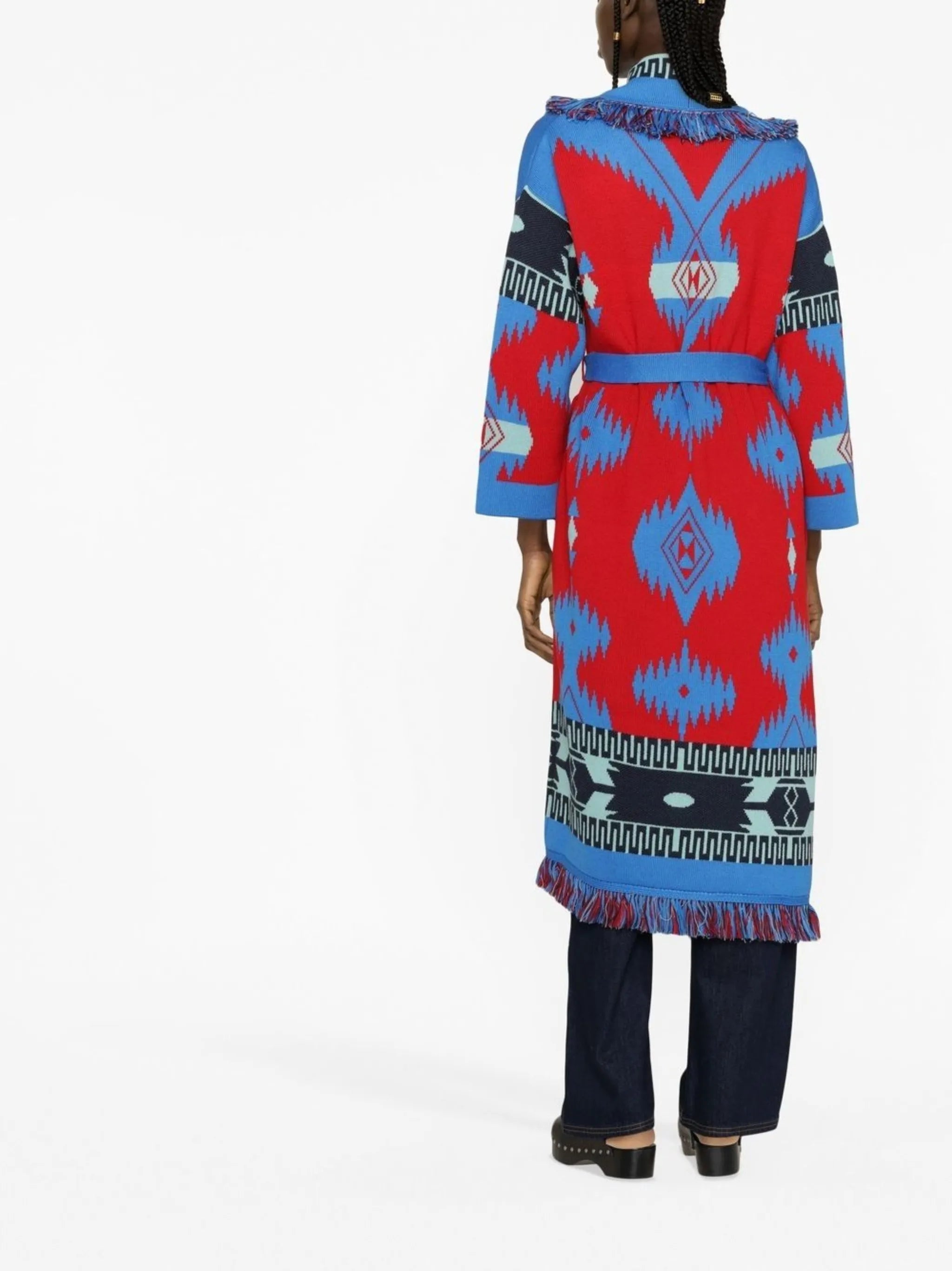 intarsia-knit belted-waist coat