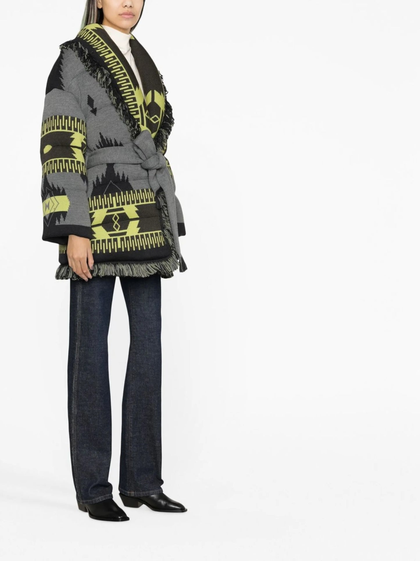 Icon jacquard belted puffer jacket