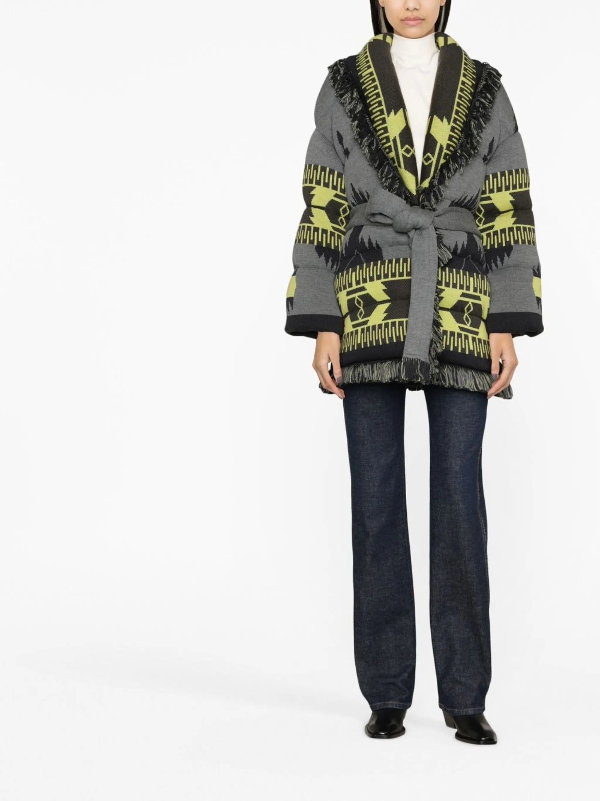 Icon jacquard belted puffer jacket