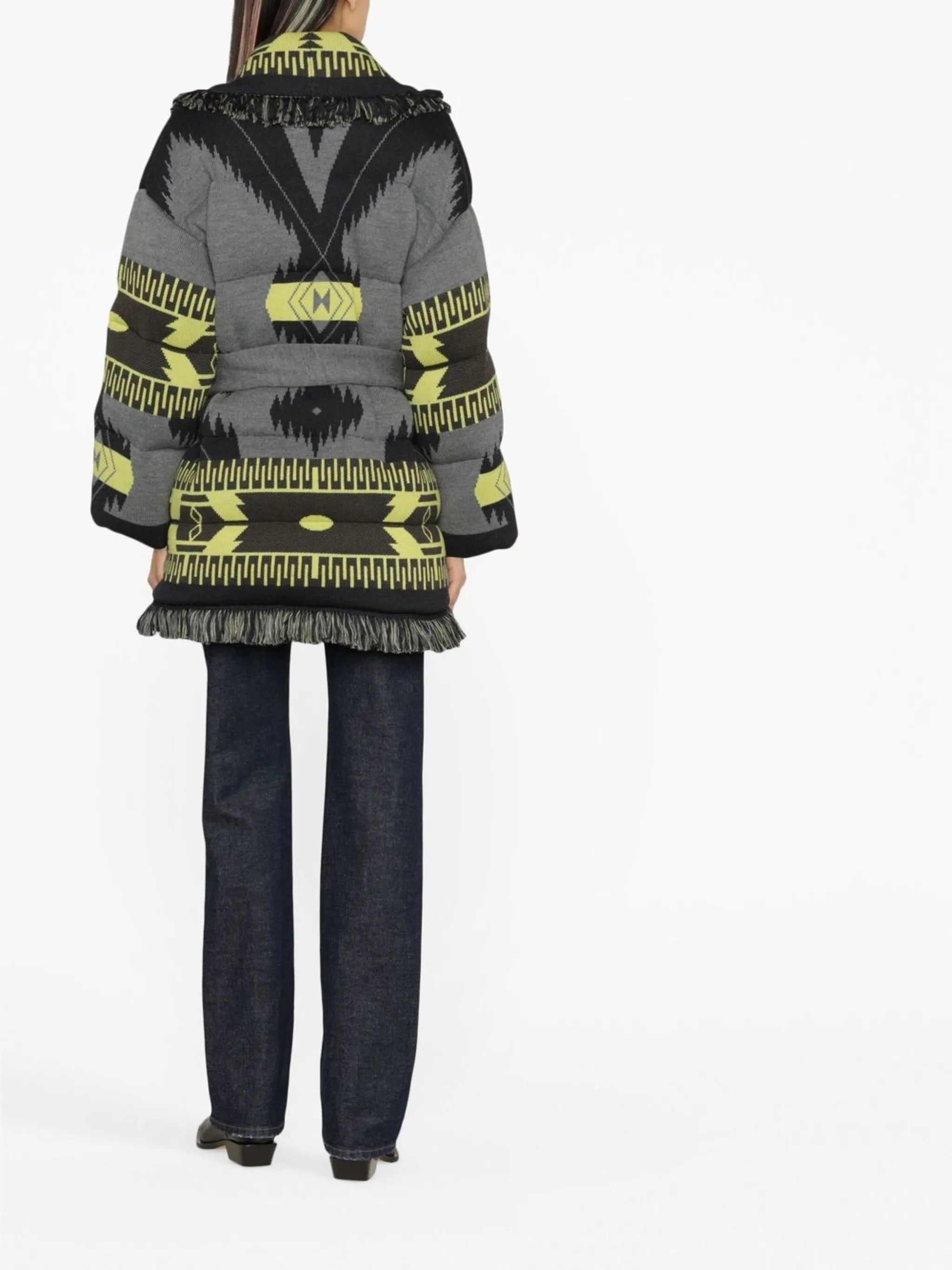 Icon jacquard belted puffer jacket
