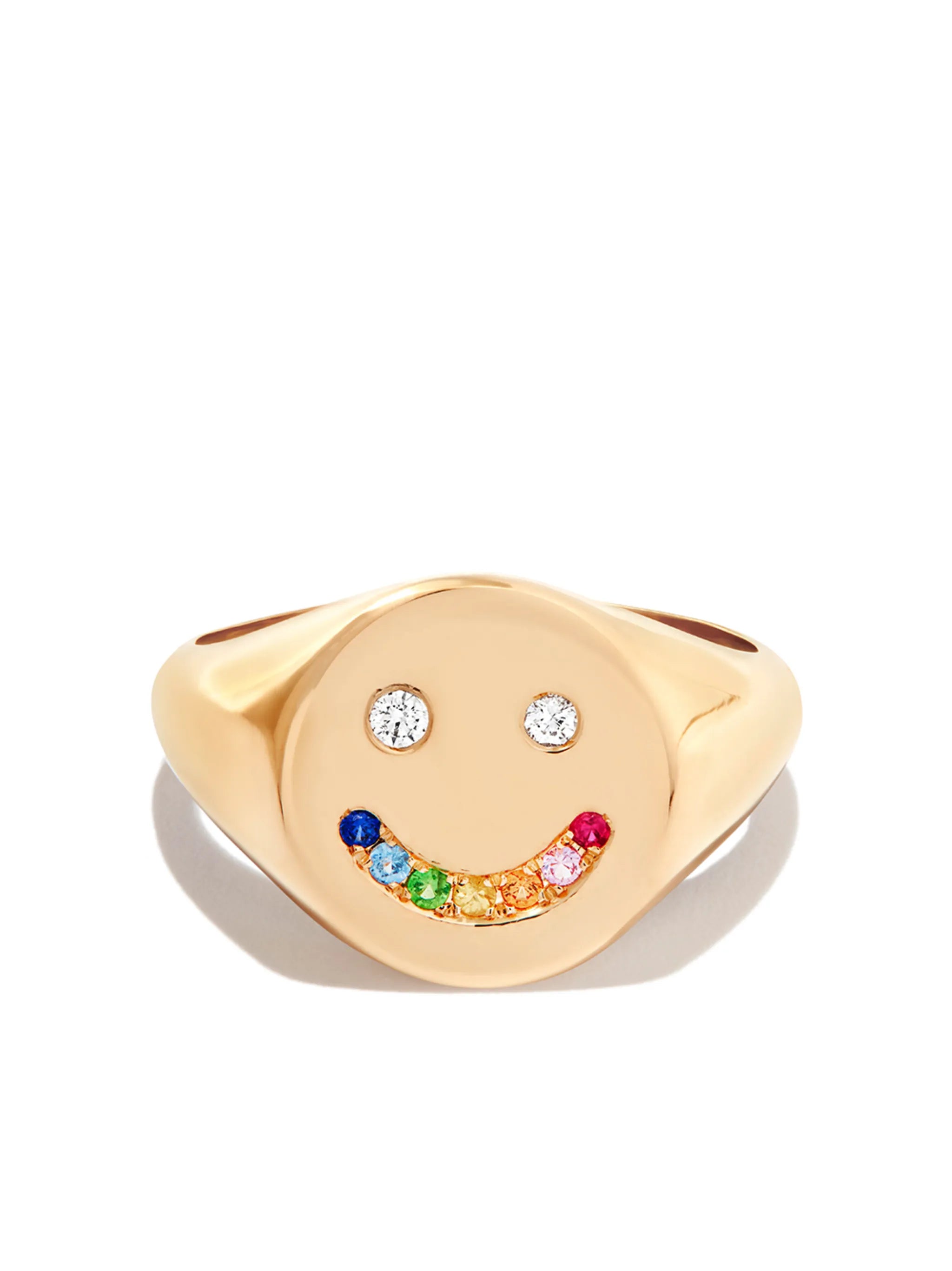14kt yellow gold Smiley diamond and sapphire signet ring
