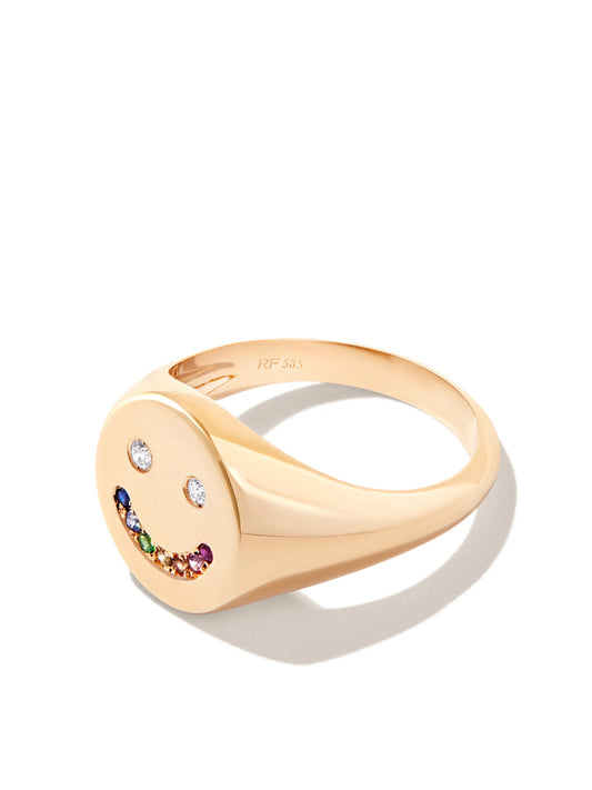 14kt yellow gold Smiley diamond and sapphire signet ring