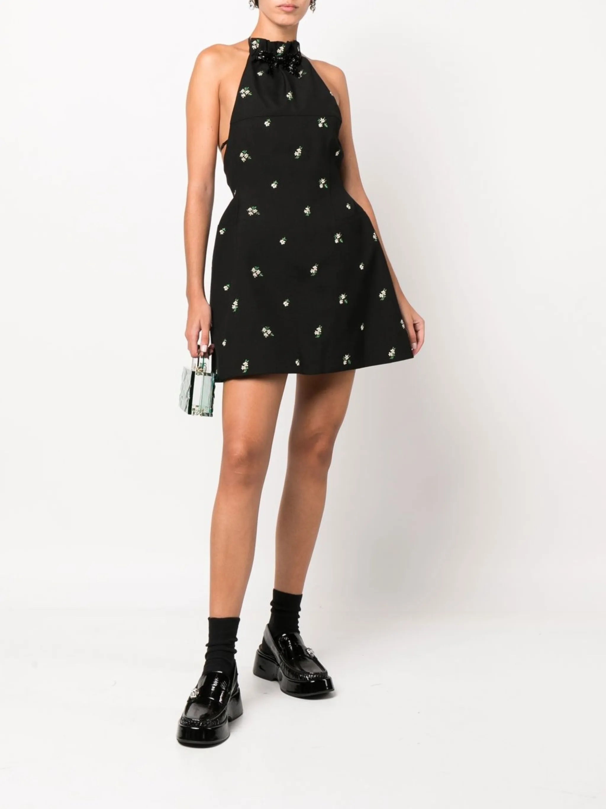 floral-embroidered halterneck mini dress