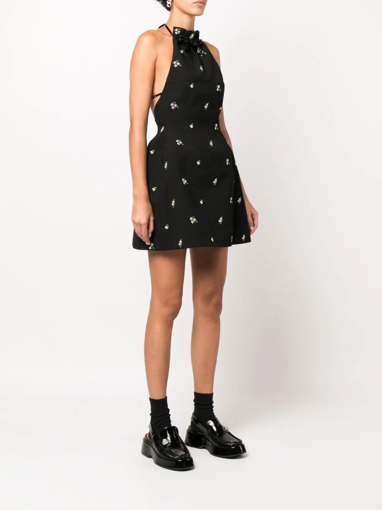 floral-embroidered halterneck mini dress
