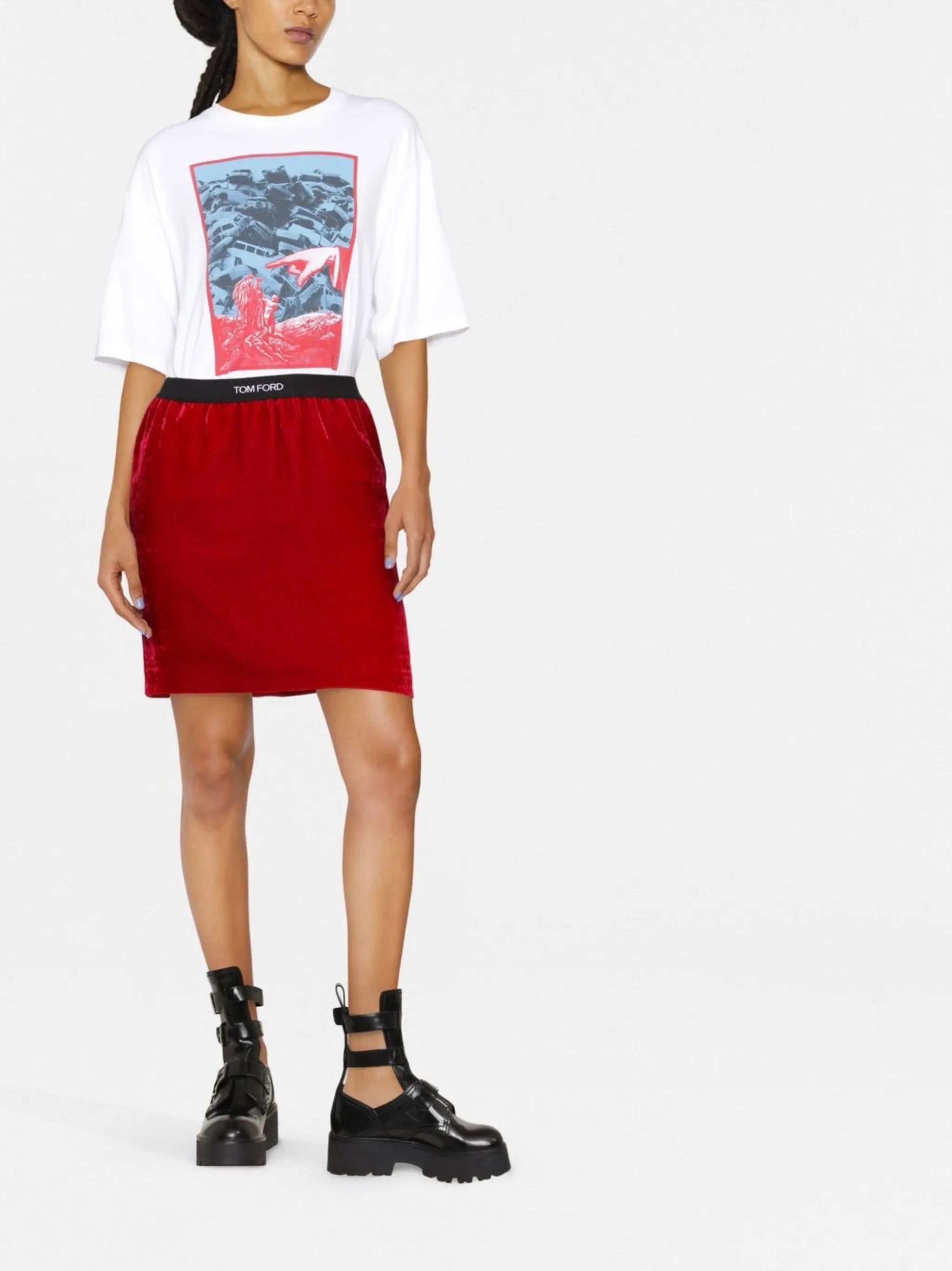 logo-waistband velvet miniskirt