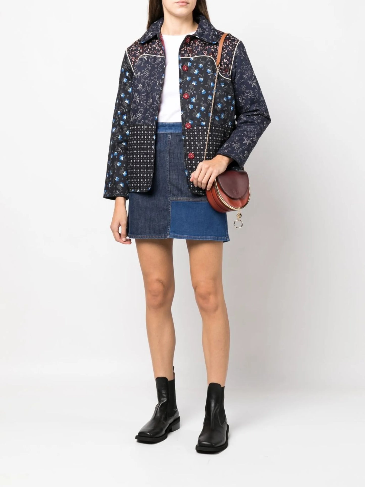 patchwork-detail denim skirt