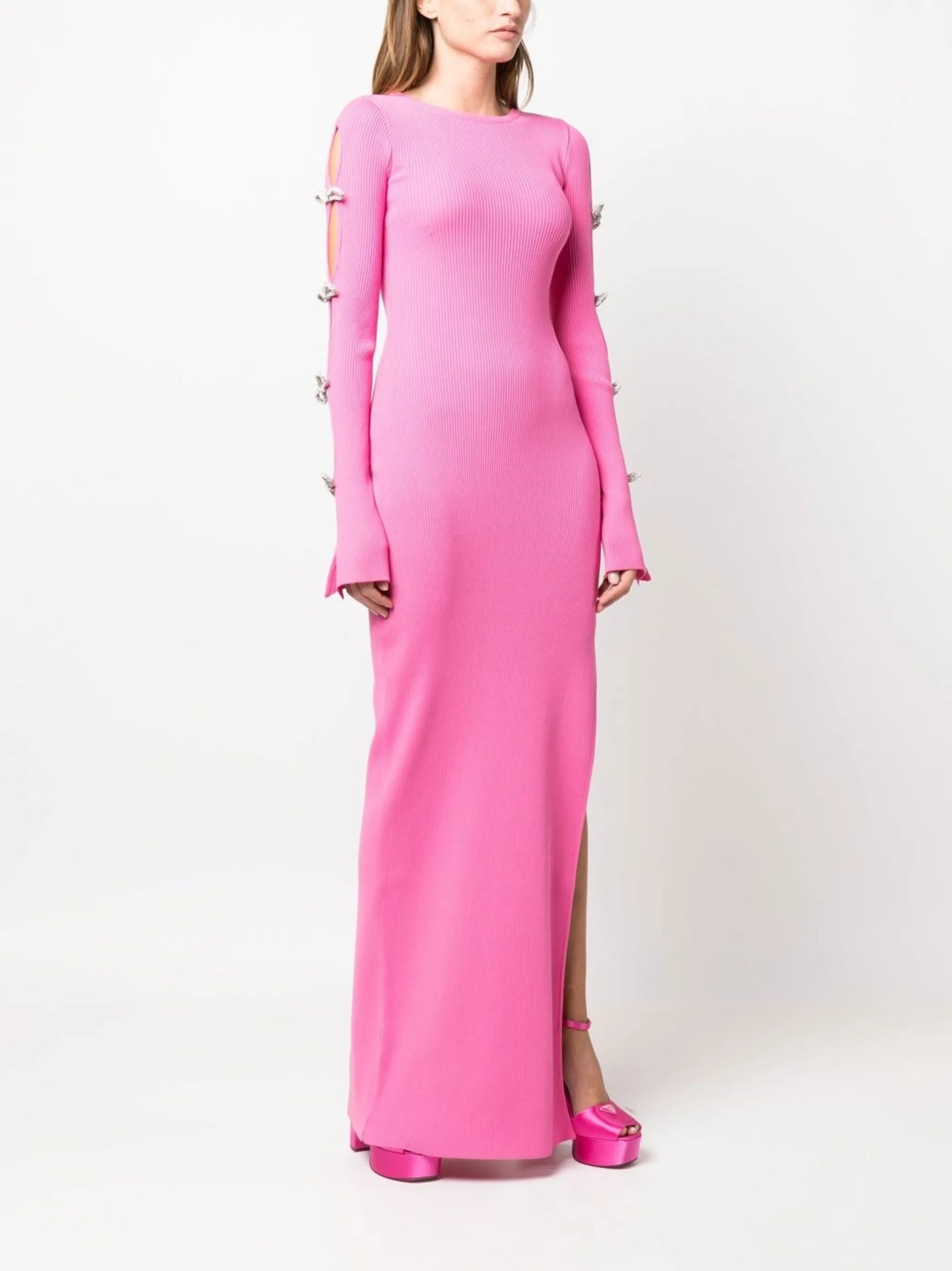 crystal-bows rib knit maxi dress
