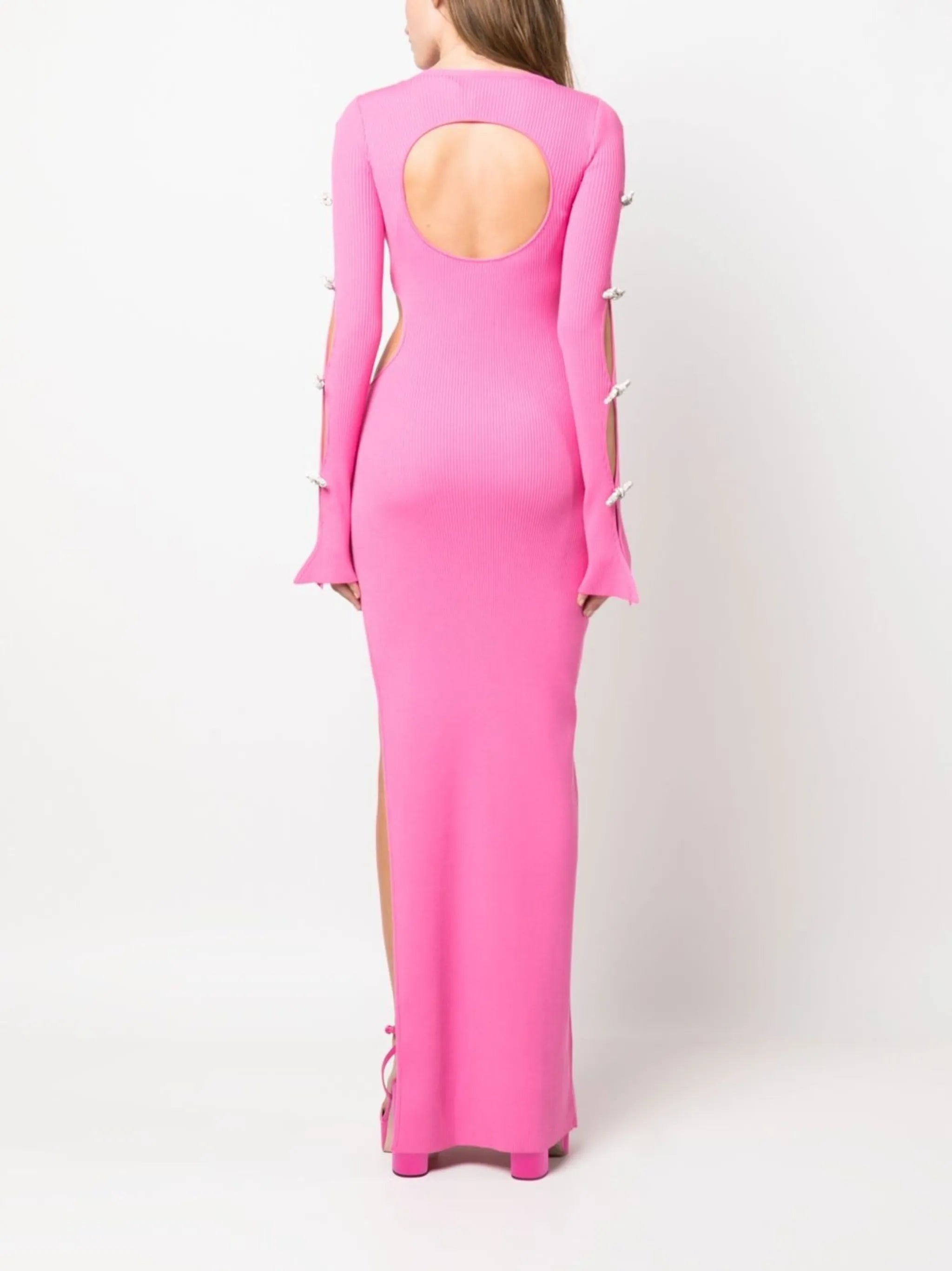 crystal-bows rib knit maxi dress