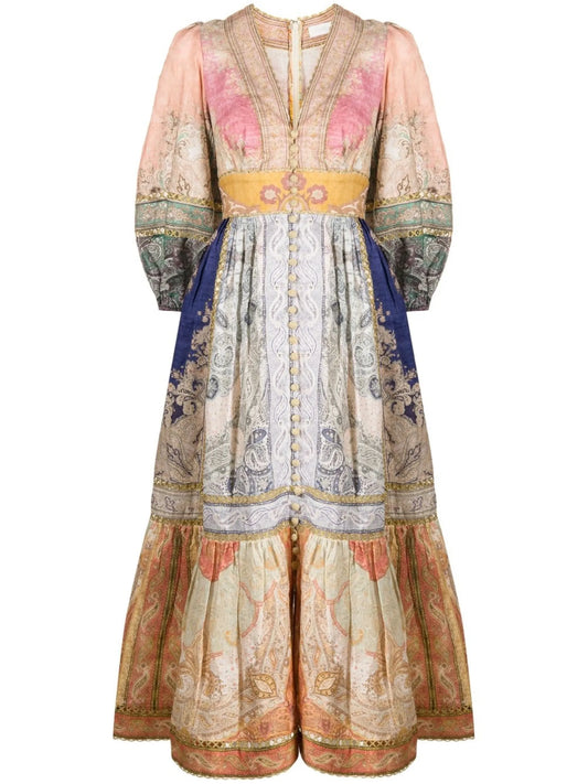 abstract-print tiered midi dress