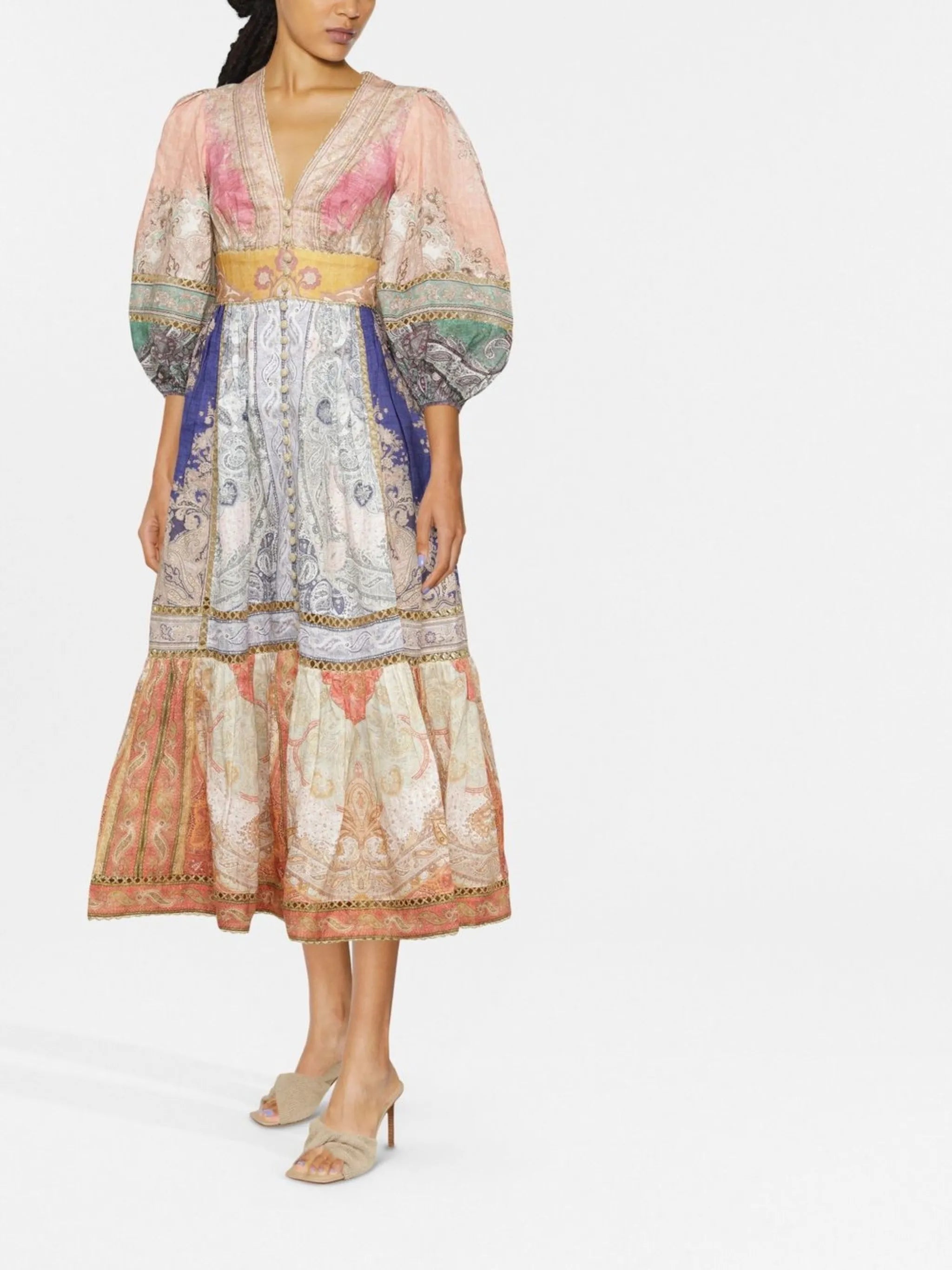 abstract-print tiered midi dress