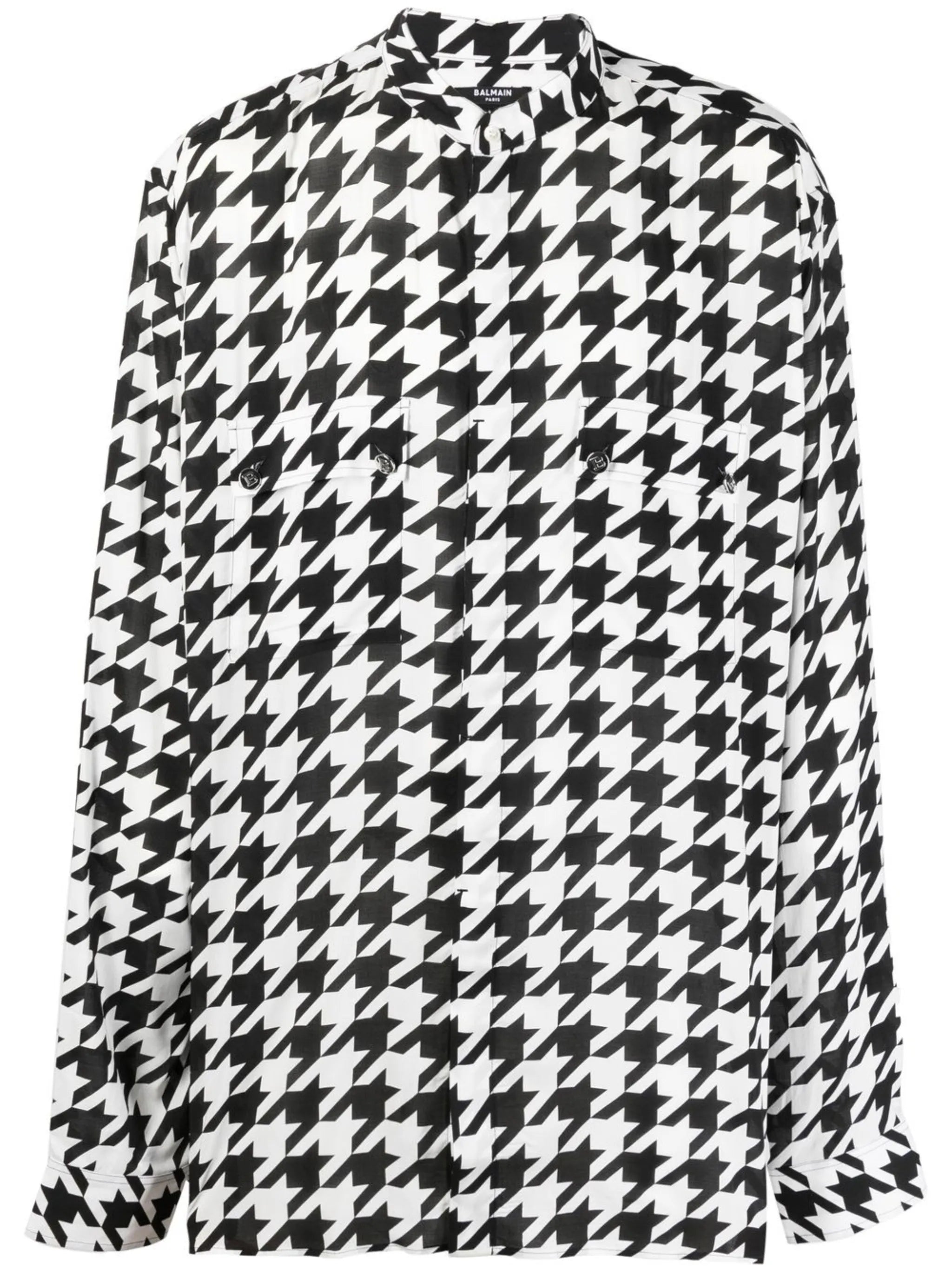 houndstooth-print collarless shirt