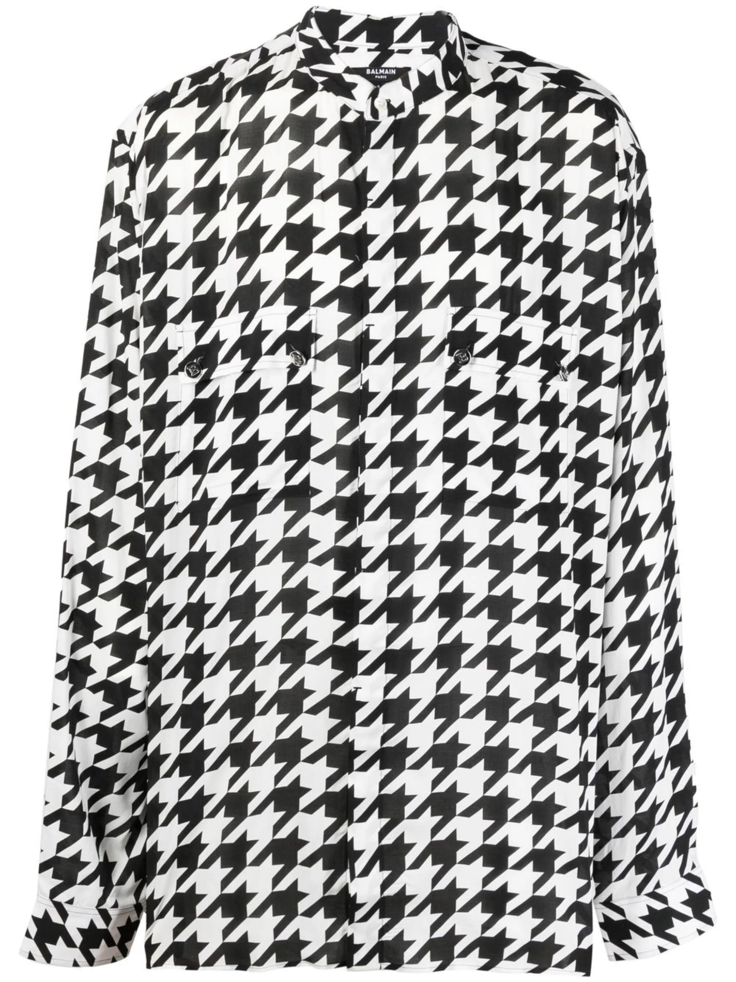 houndstooth-print collarless shirt