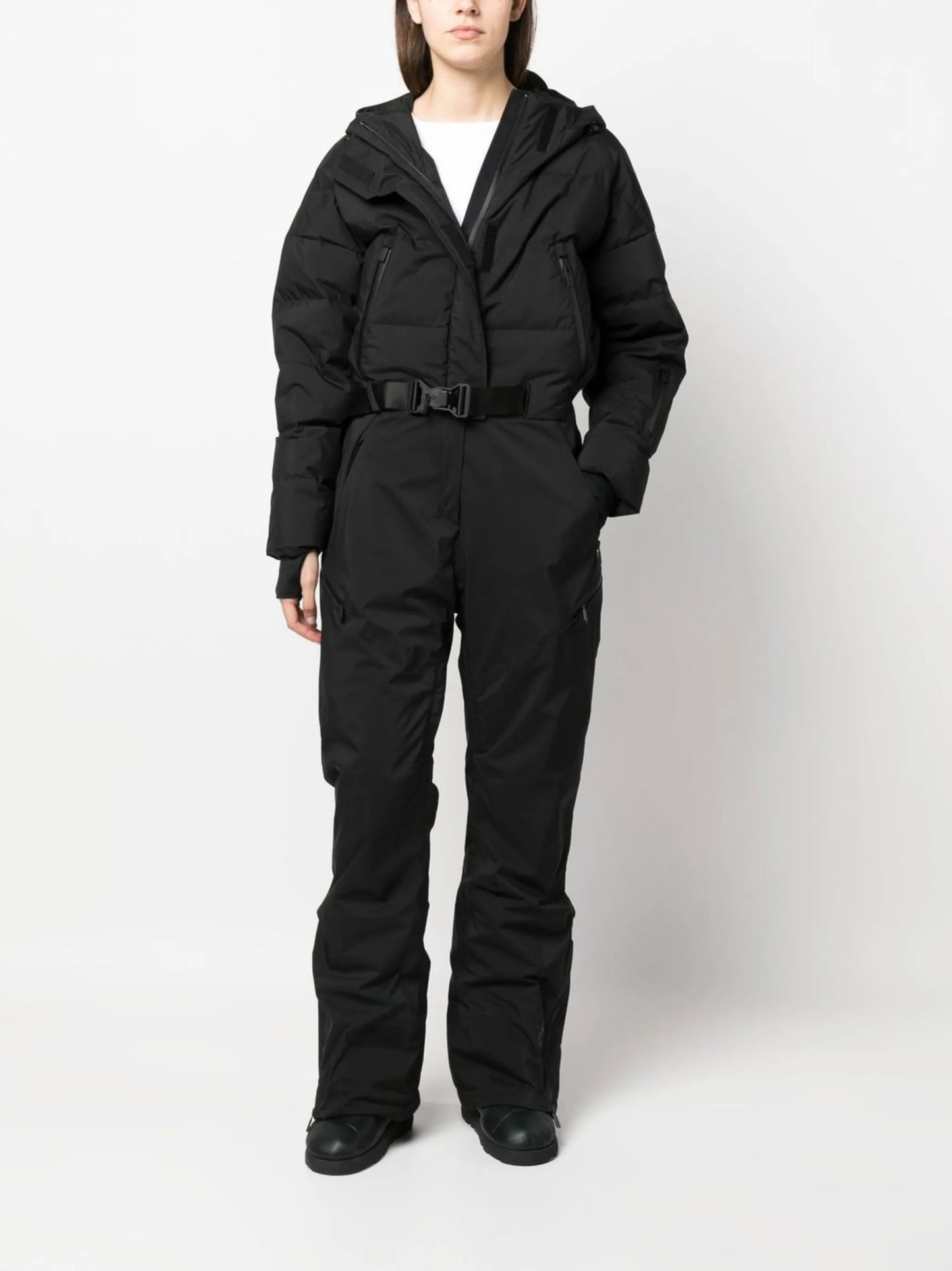 belted-waist goose-down ski suit