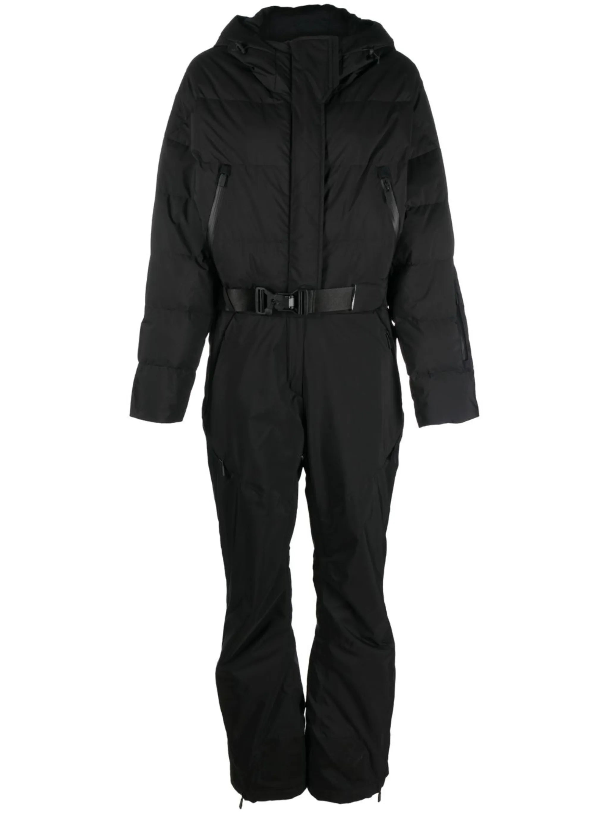 belted-waist goose-down ski suit