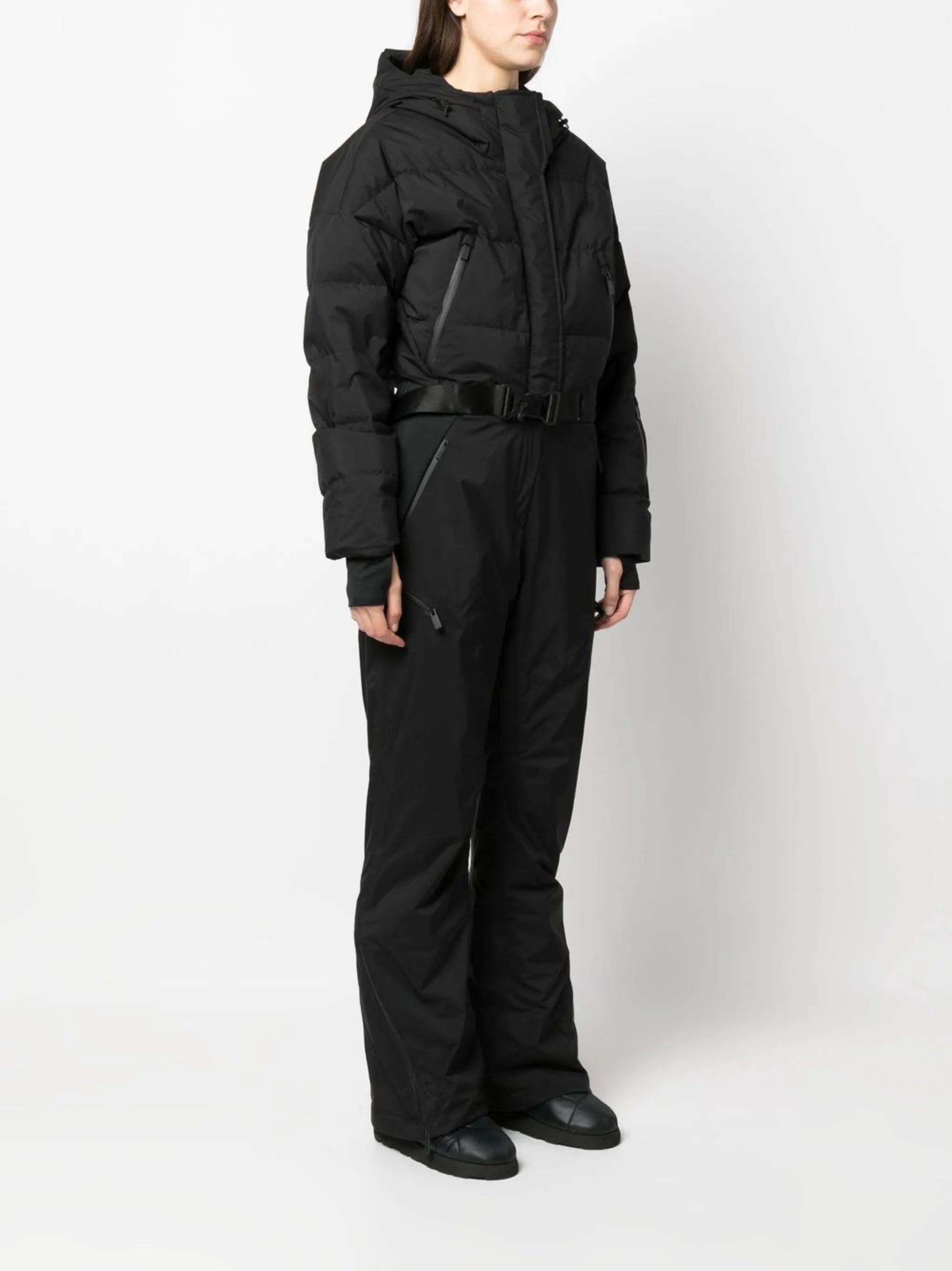 belted-waist goose-down ski suit