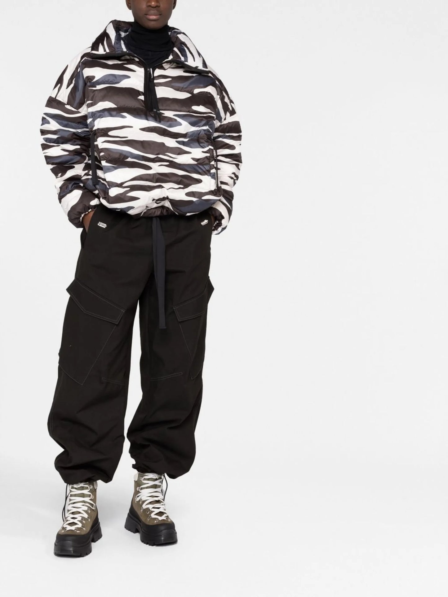 zebra print half-zip down jacket
