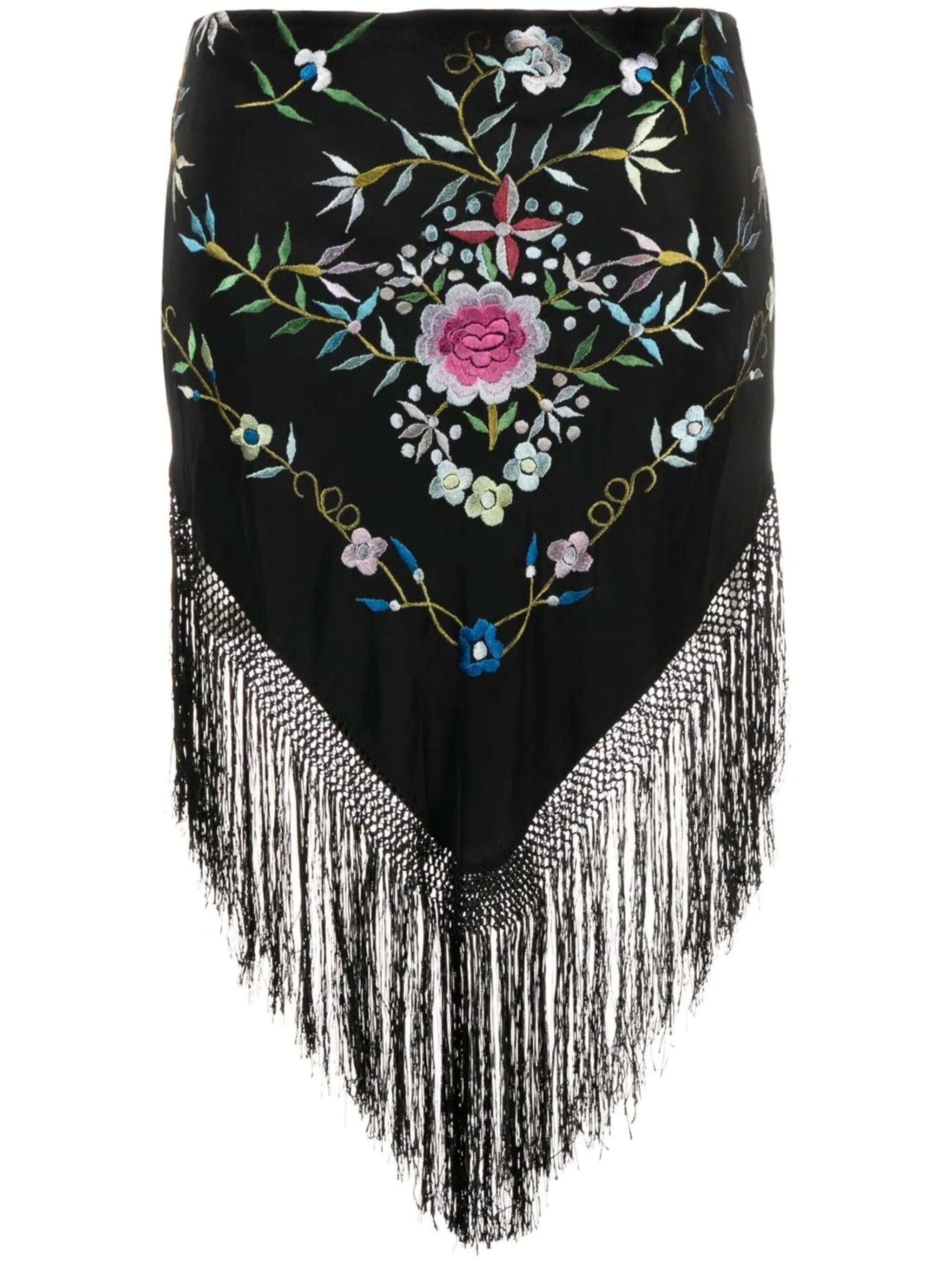 floral-embroidery fringed skirt