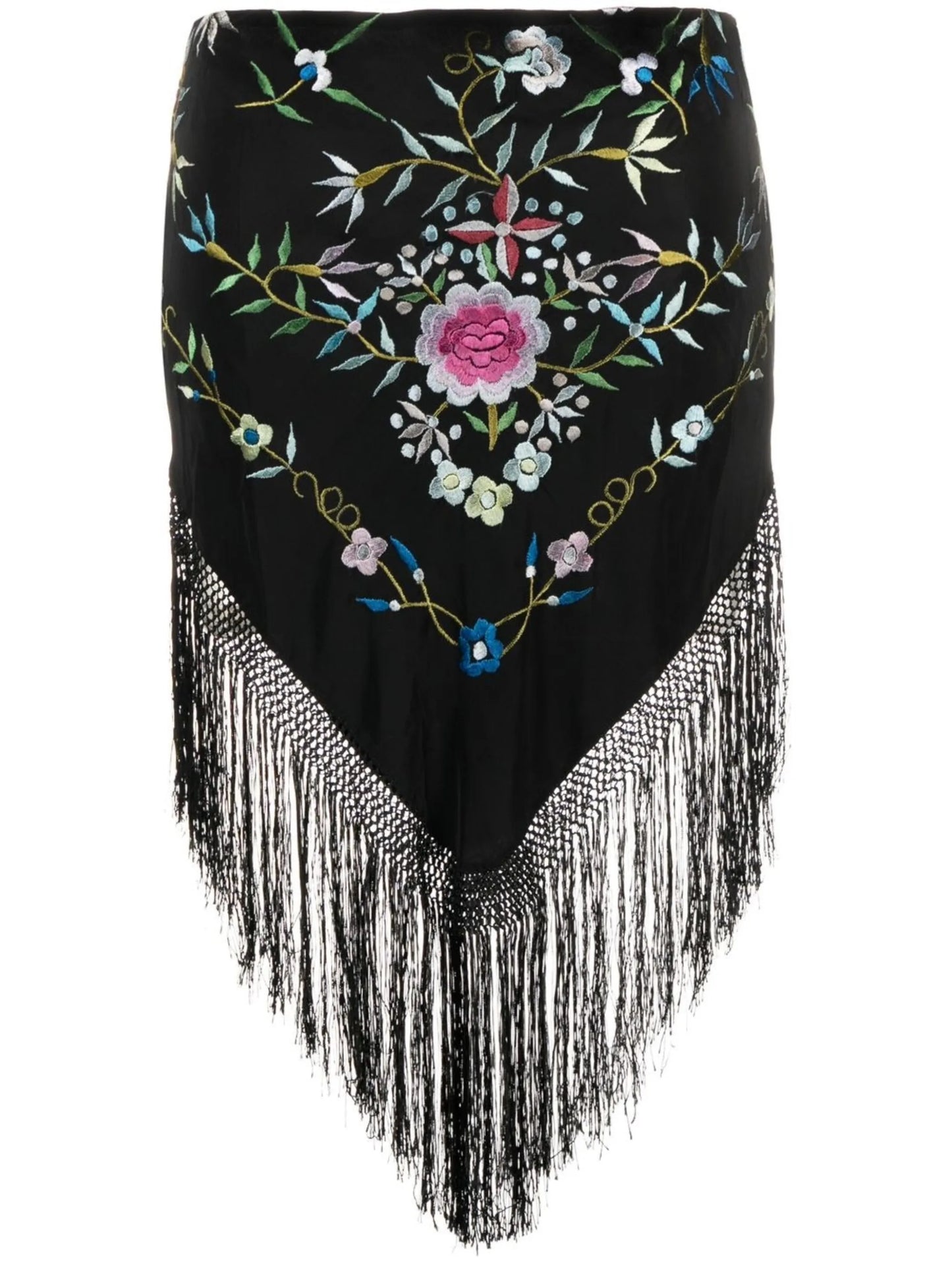 floral-embroidery fringed skirt