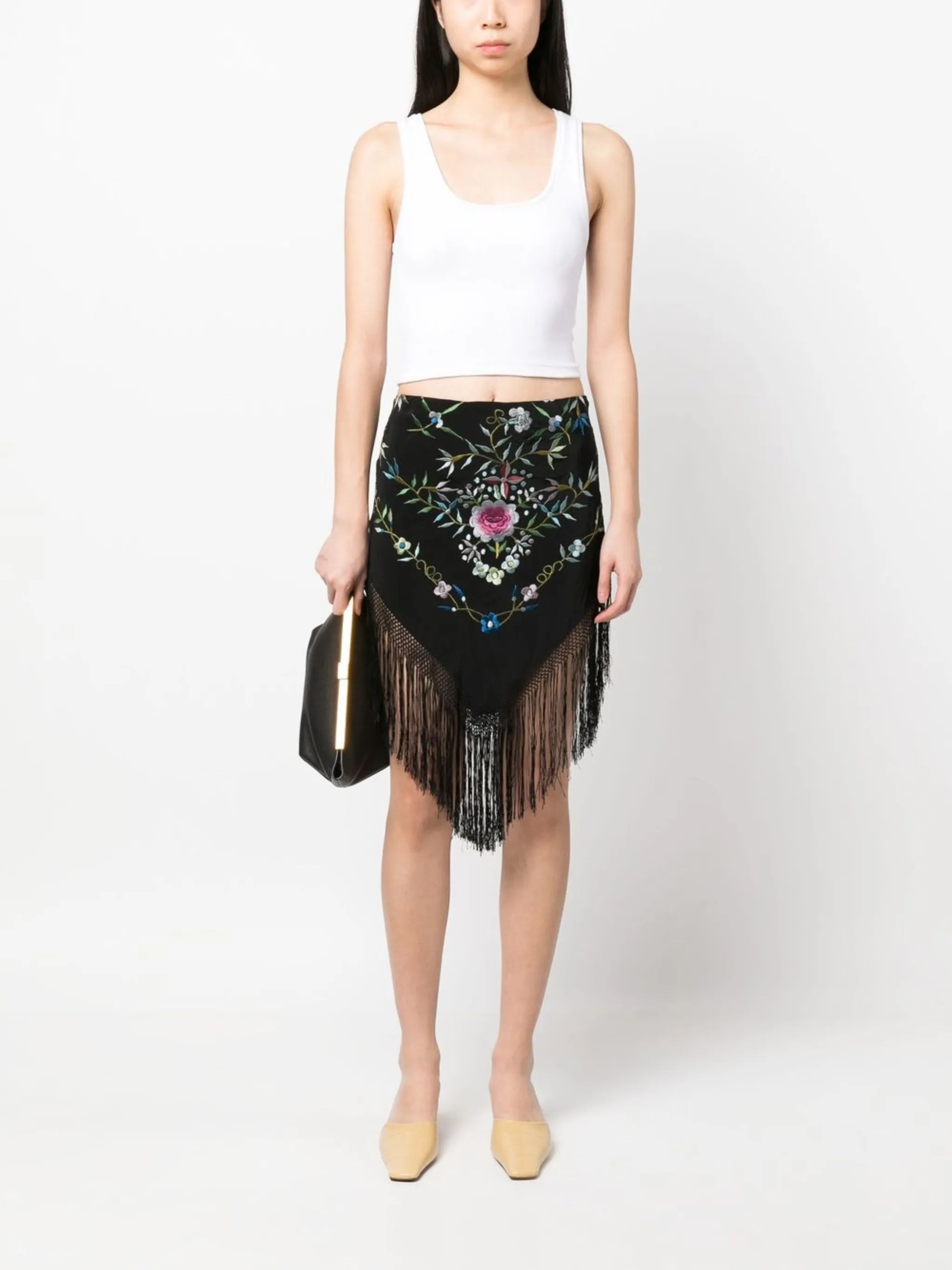 floral-embroidery fringed skirt