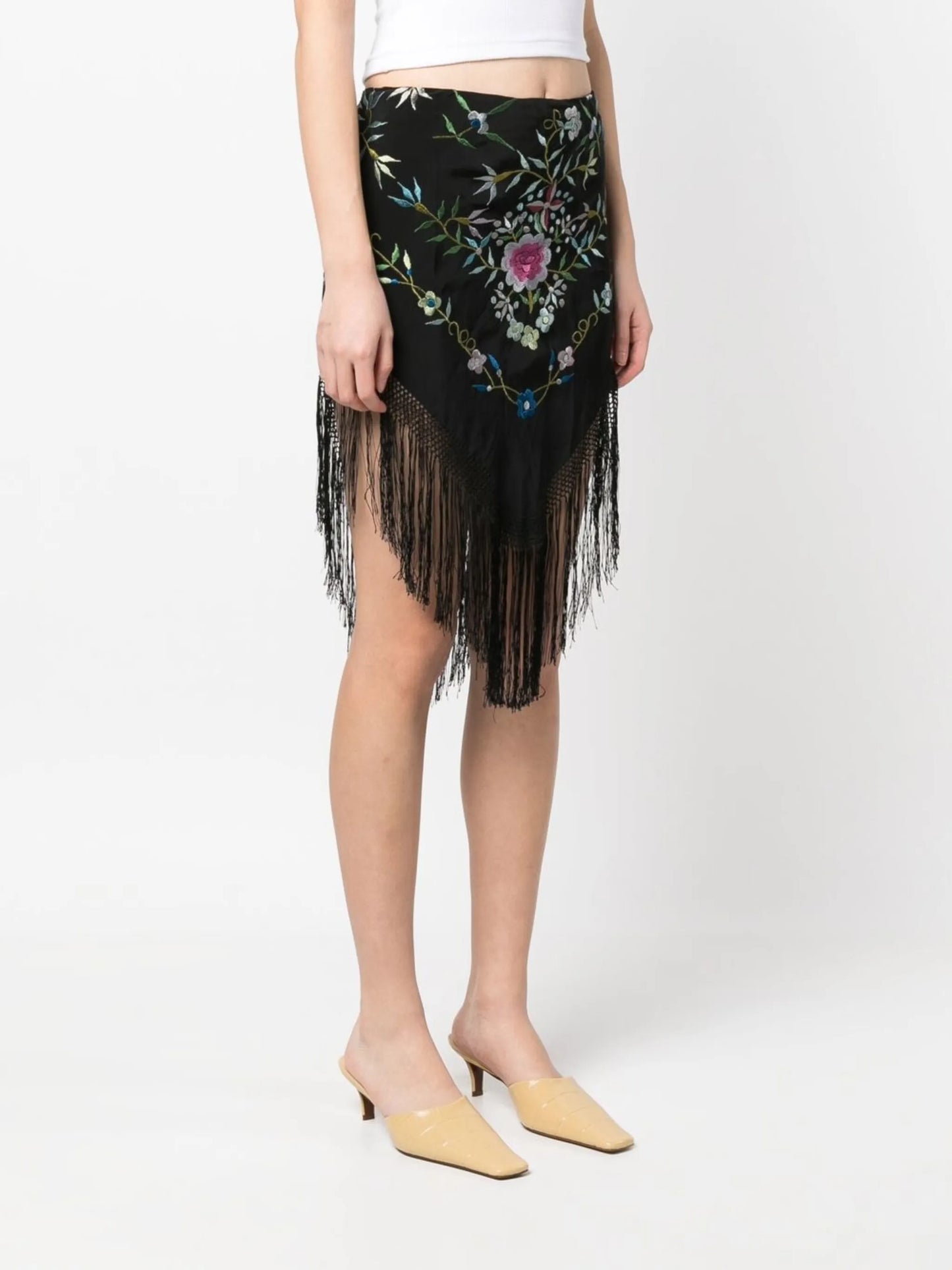 floral-embroidery fringed skirt