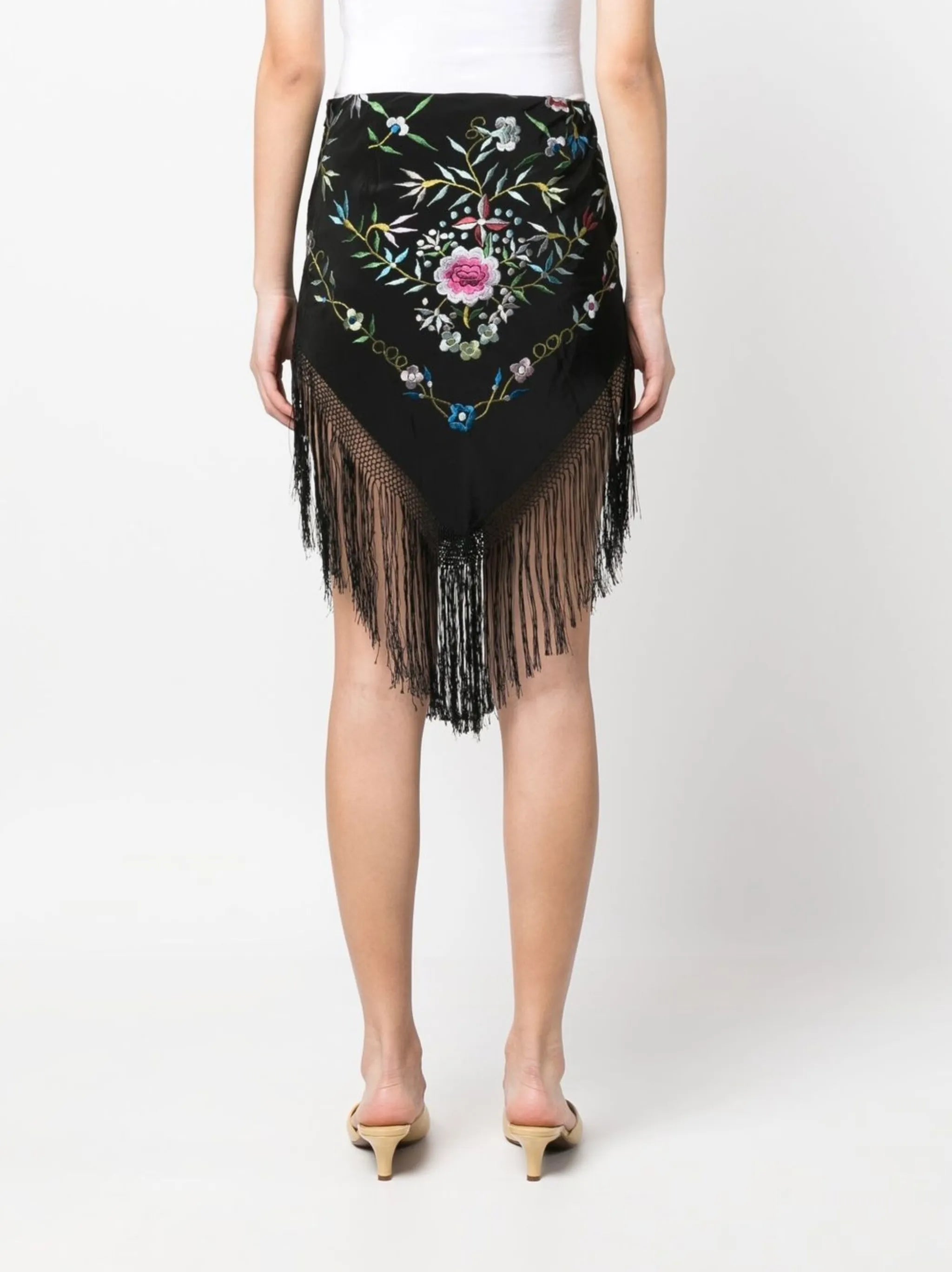 floral-embroidery fringed skirt
