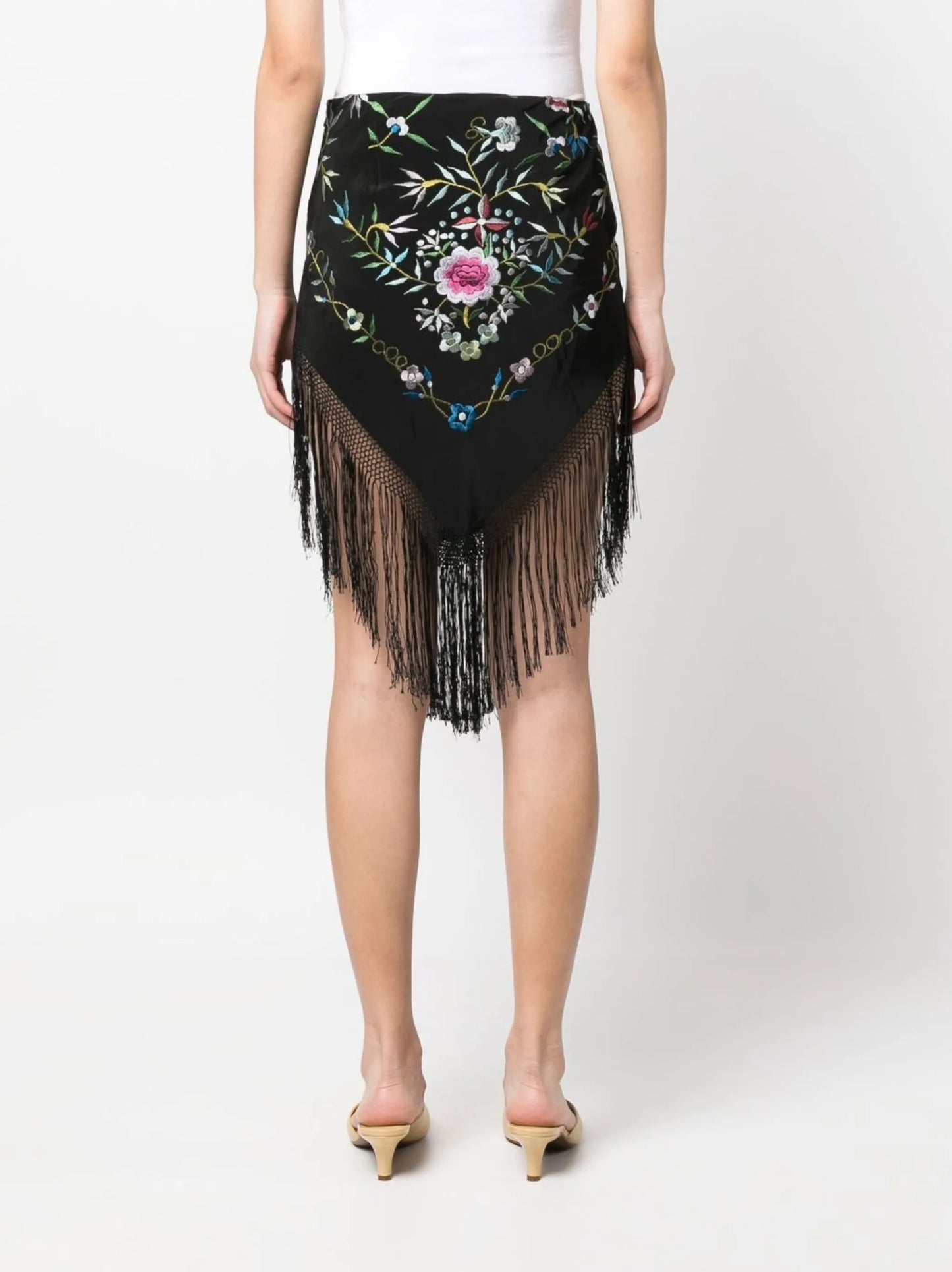 floral-embroidery fringed skirt