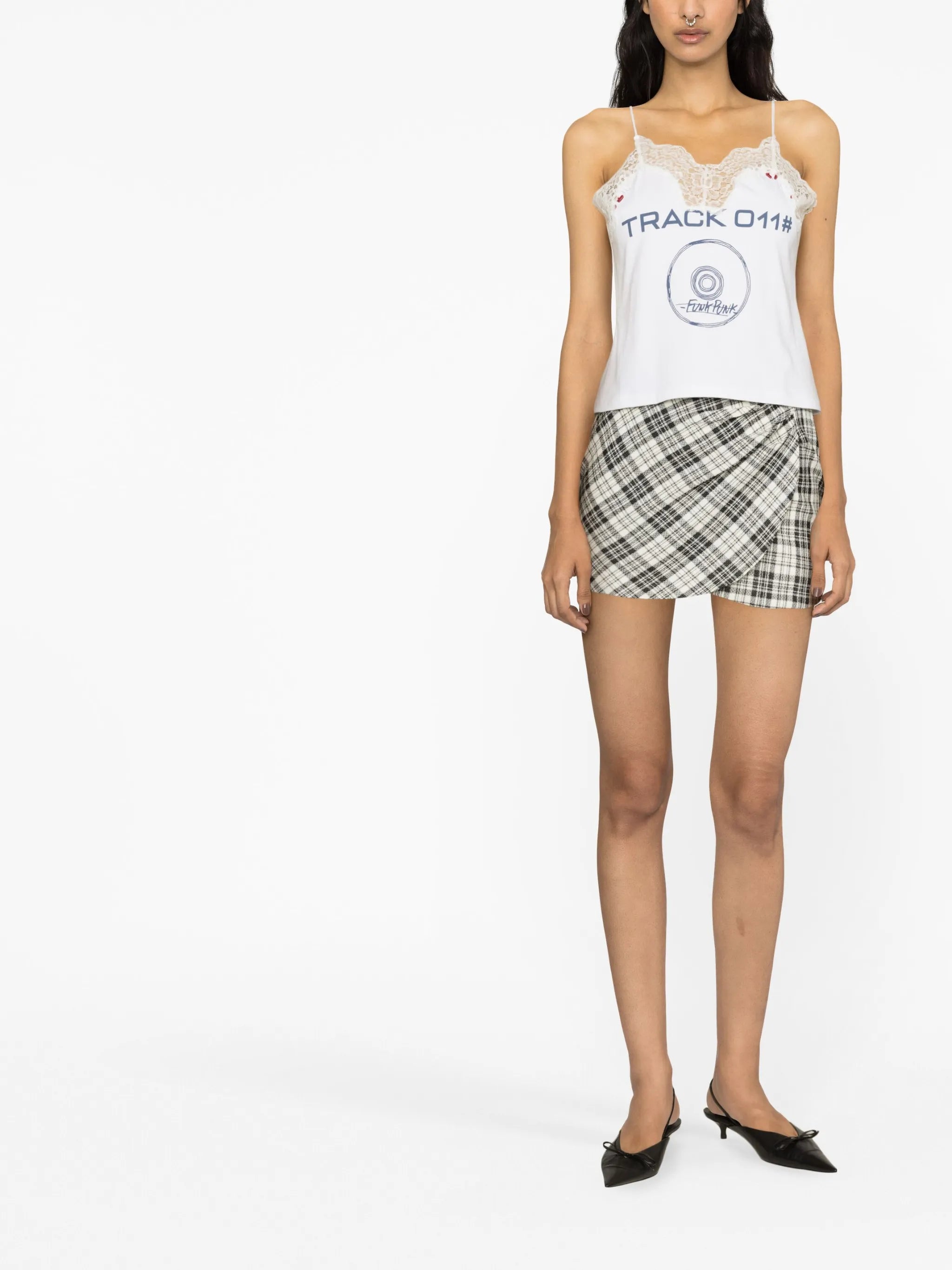 graphic-print lace-detail camisole top