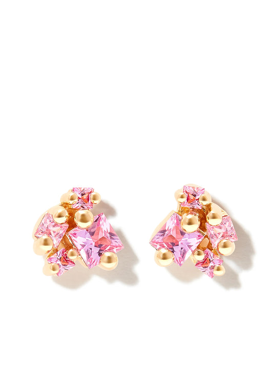 18kt yellow gold Princess Cluster sapphire stud earrings