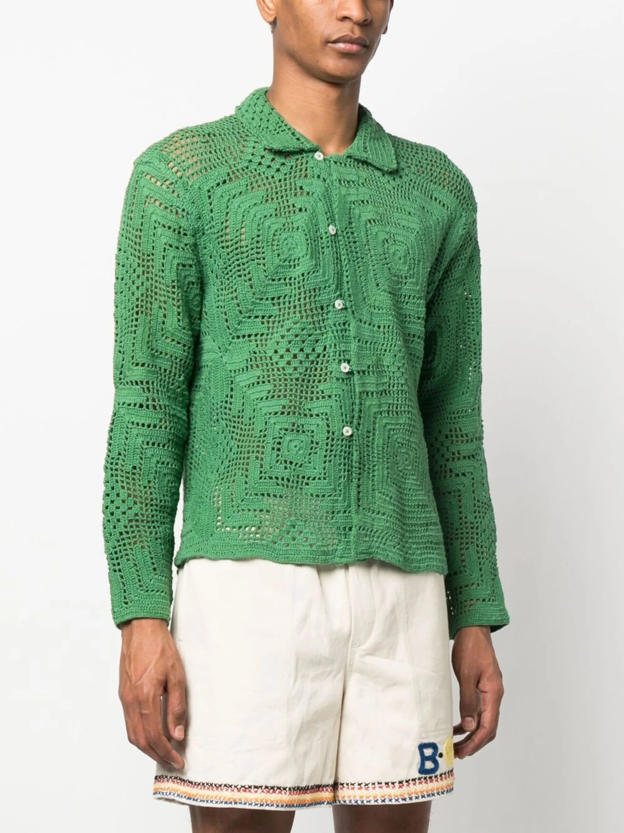 long-sleeved crochet-knit shirt
