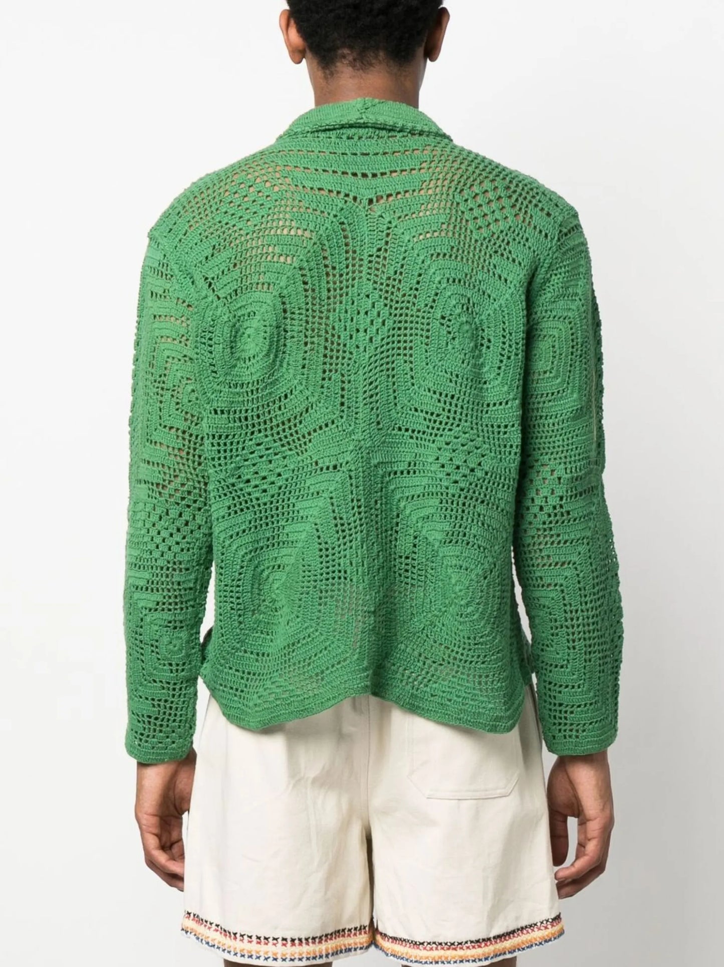 long-sleeved crochet-knit shirt