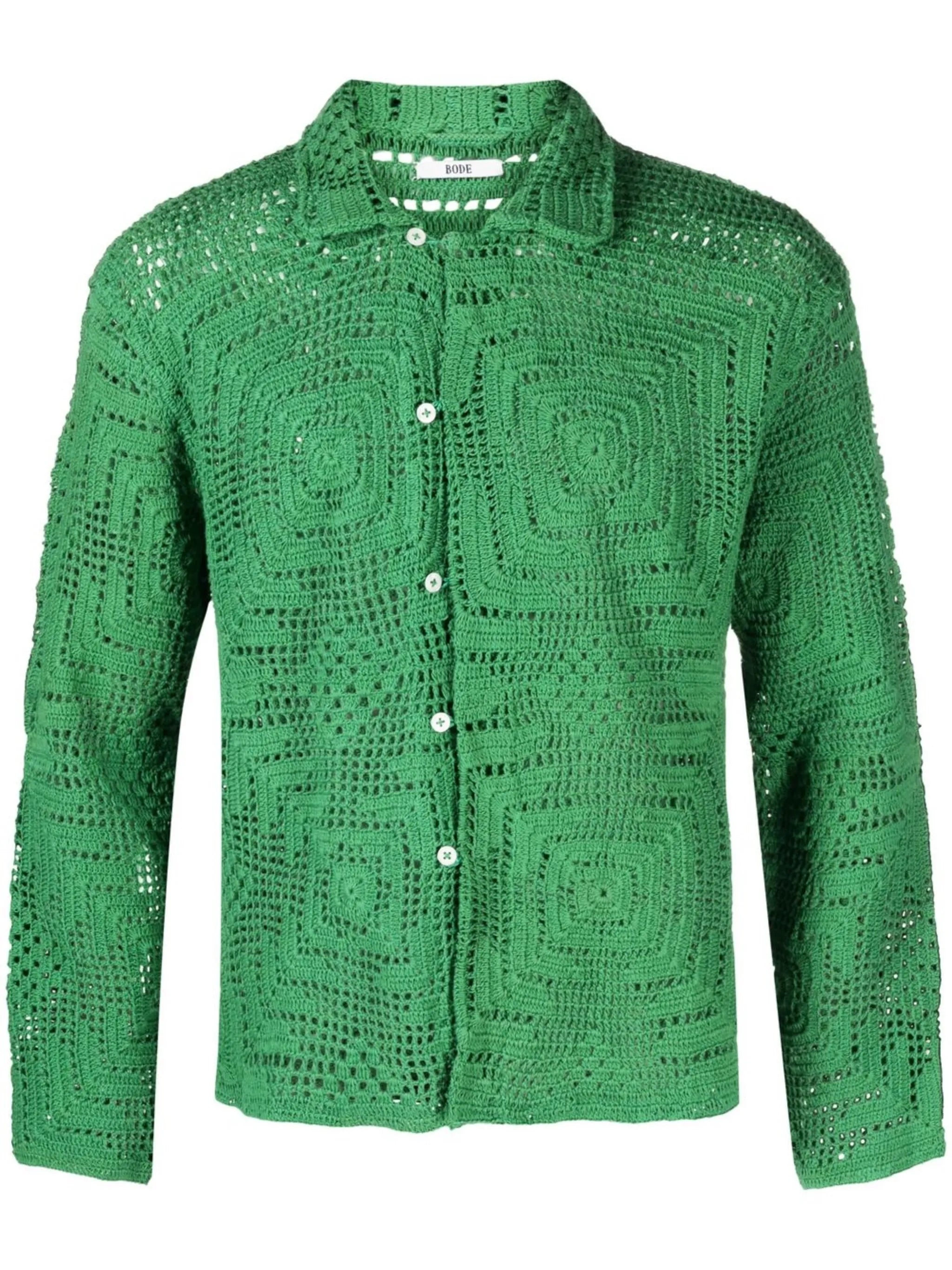 long-sleeved crochet-knit shirt