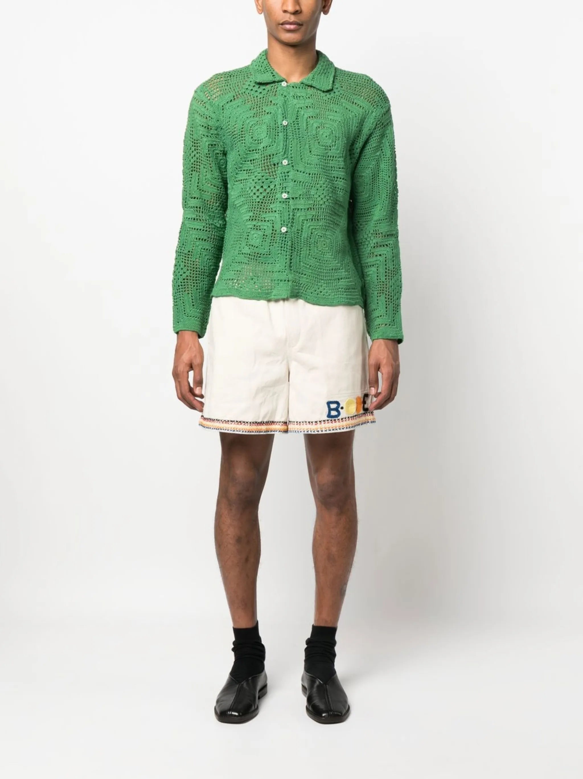 long-sleeved crochet-knit shirt