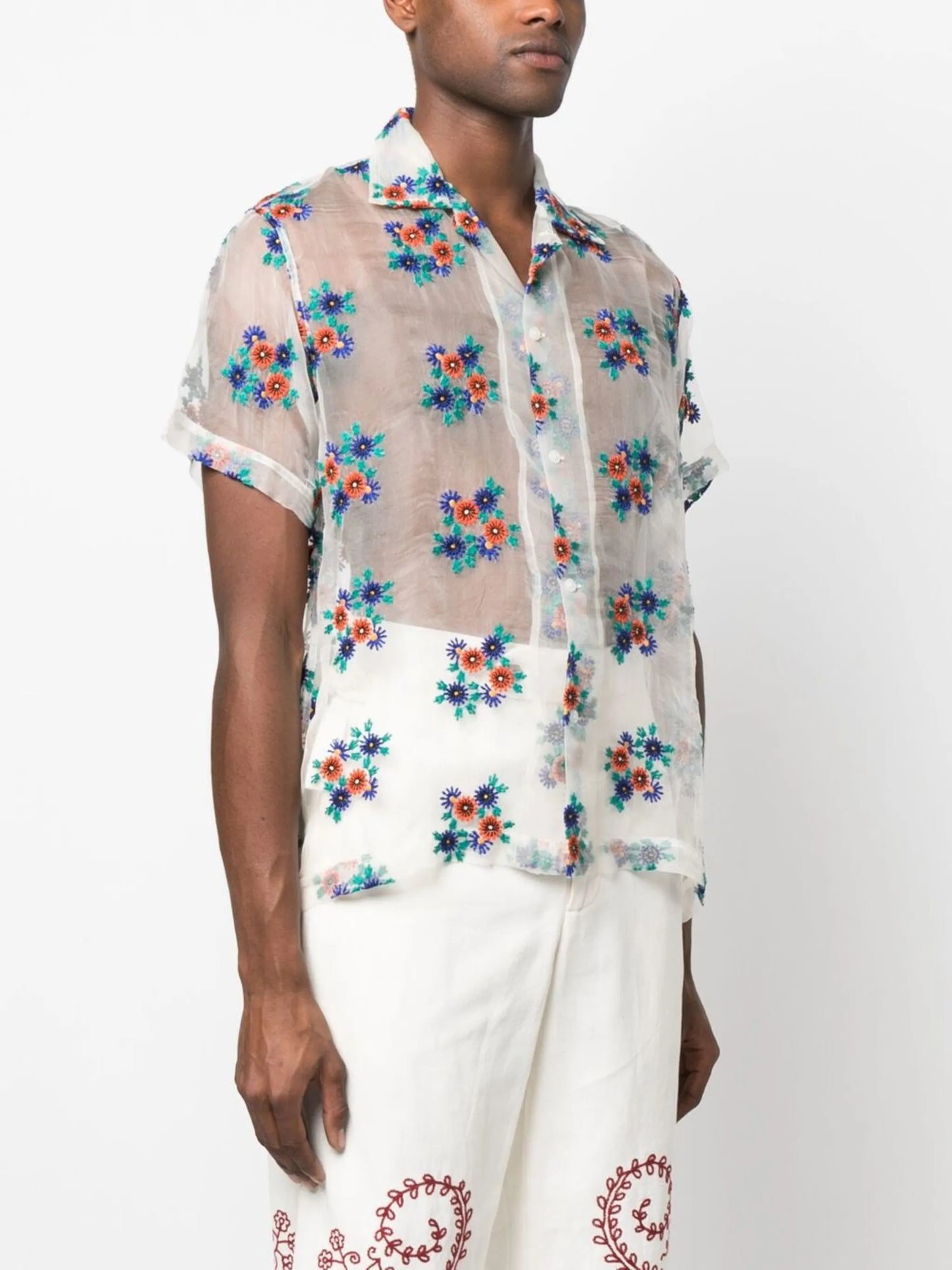 sheer daisy-embroidery shirt