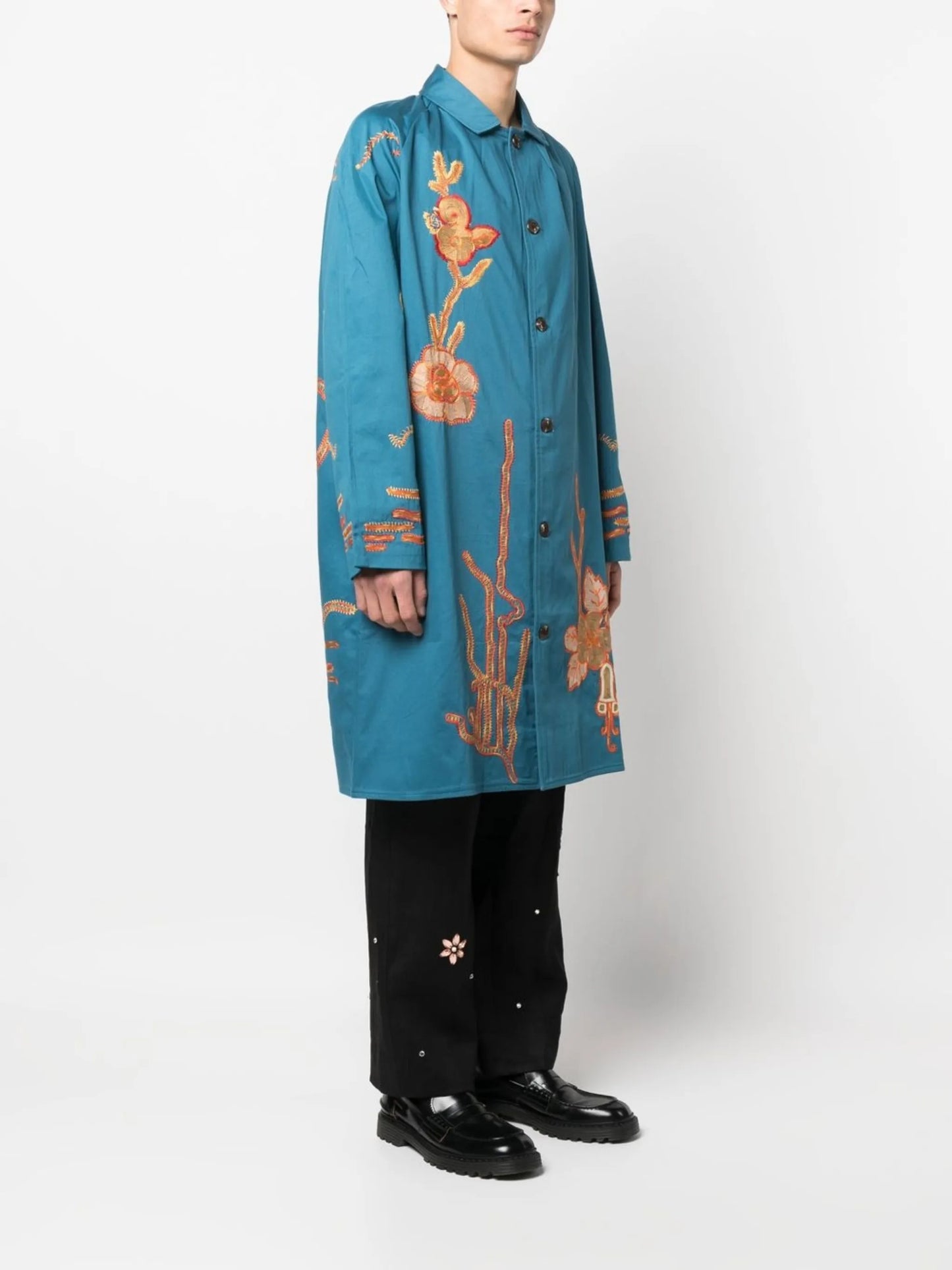 flower-embroidered single-breasted coat