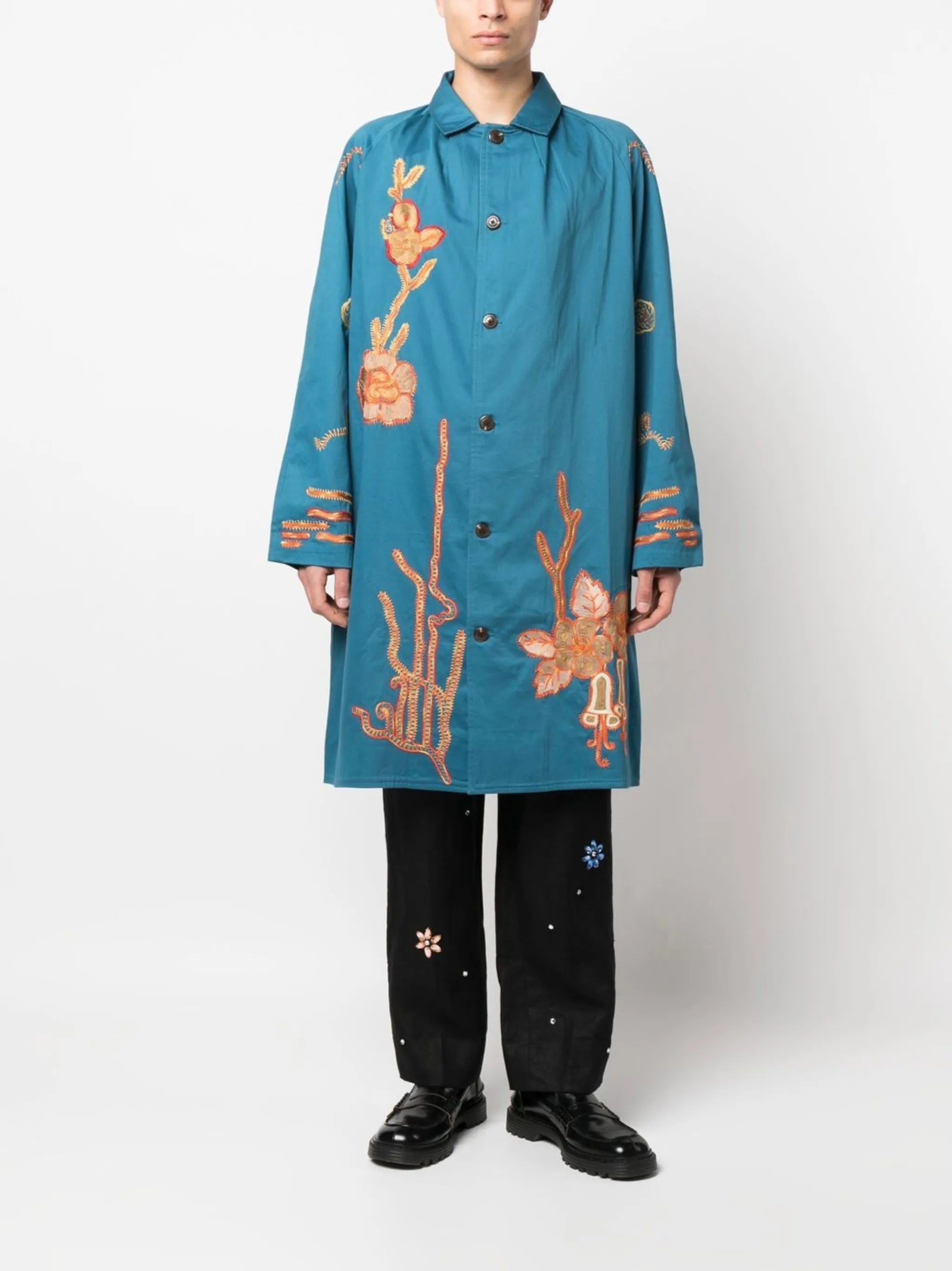 flower-embroidered single-breasted coat