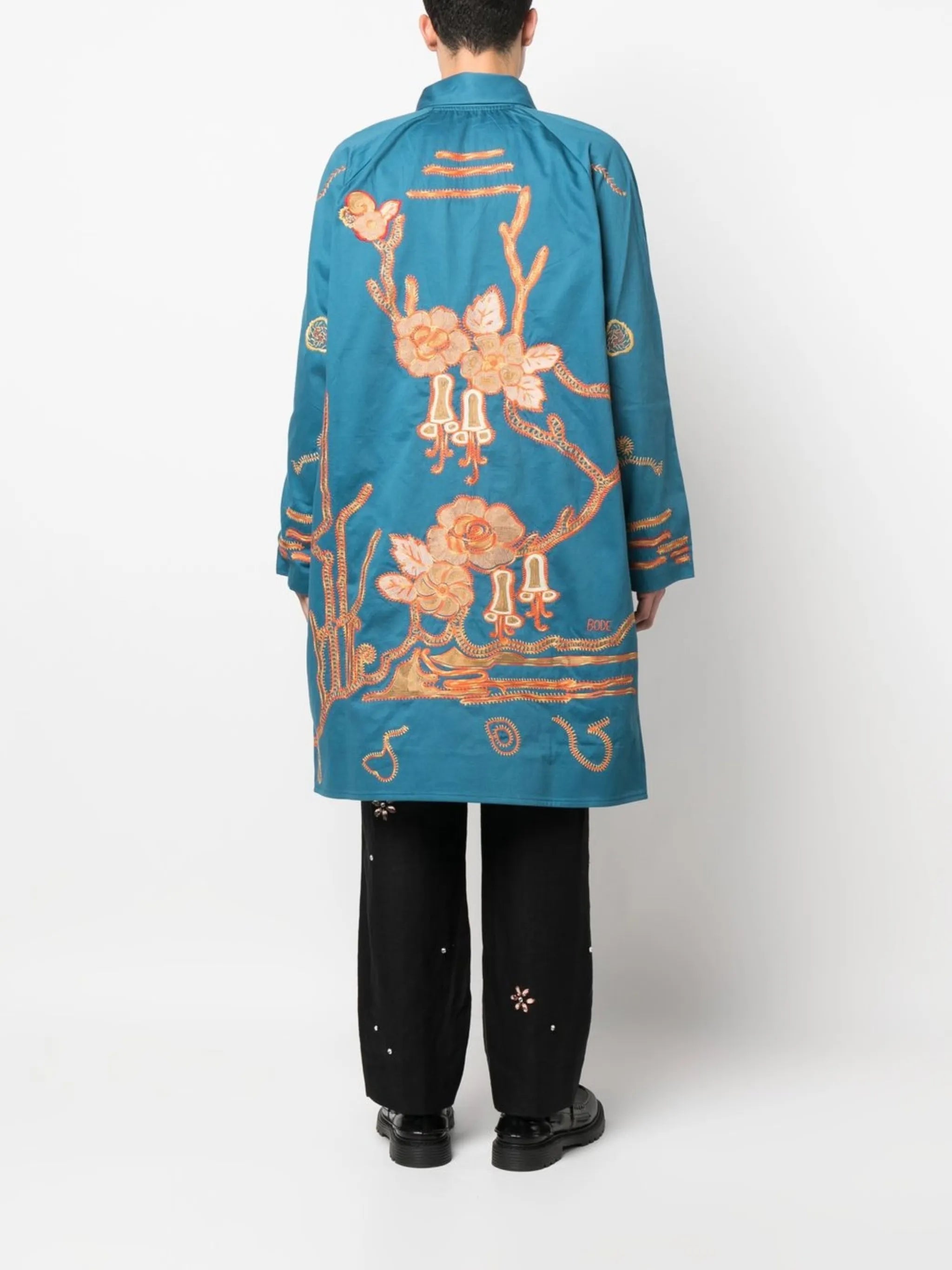 flower-embroidered single-breasted coat