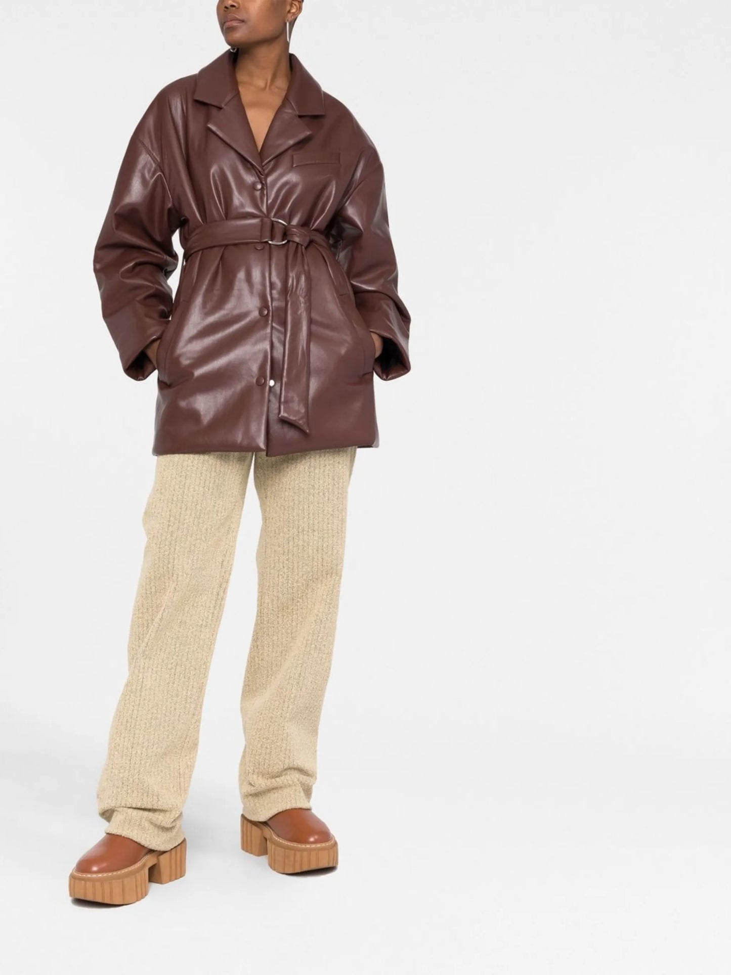 belted faux-leather blazer