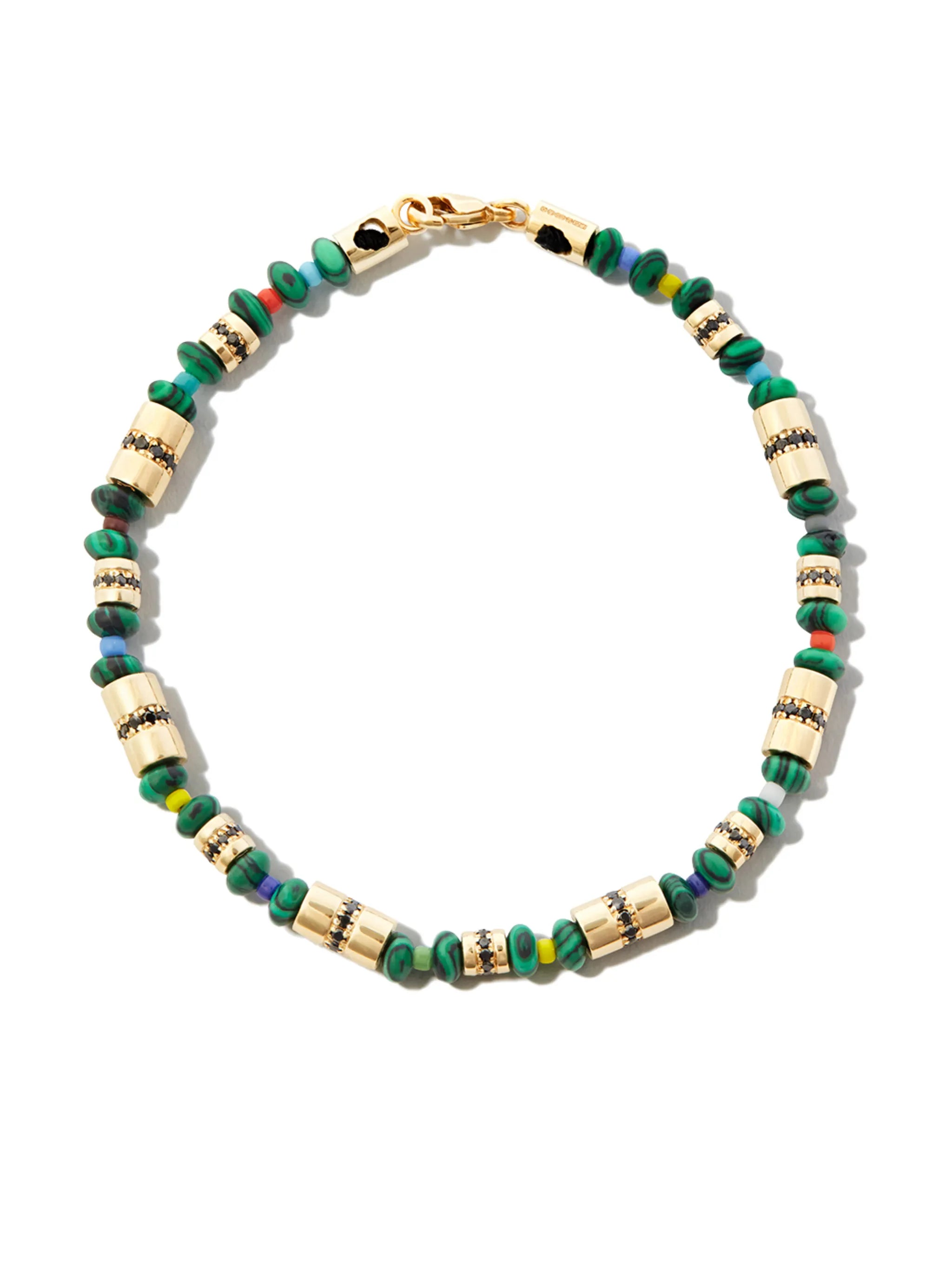 14kt yellow gold and malachite beaded bracelet