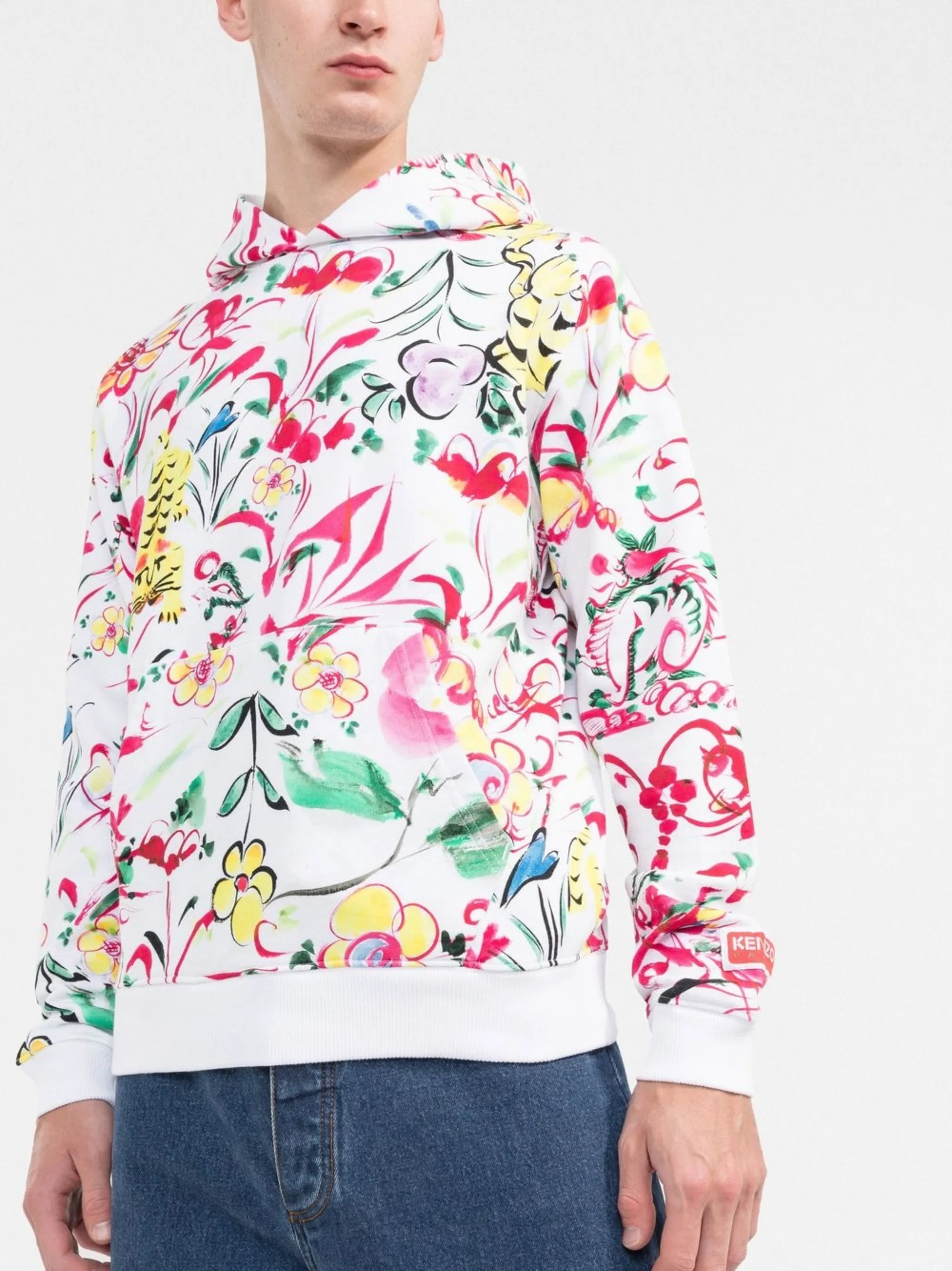 floral-print logo-patch hoodie