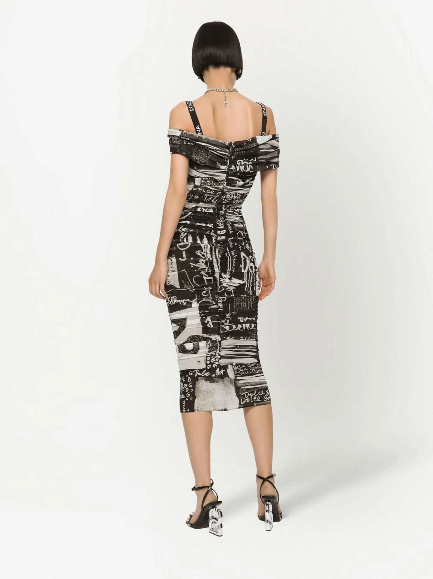logo-print off-shoulder midi dress